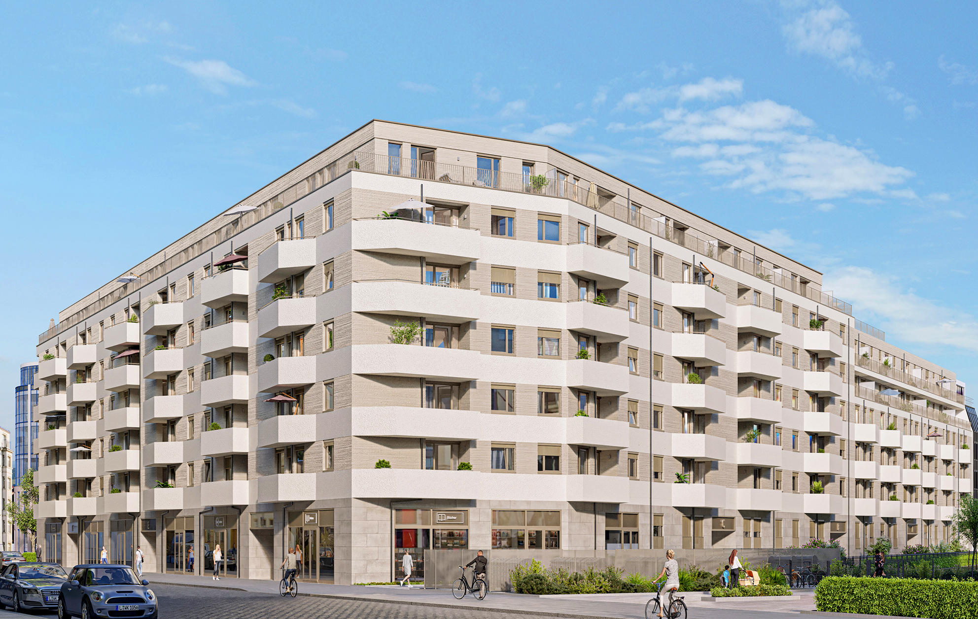 Visualization of the BUWOG ATRIO new-build project in Leipzig with a view from the street.