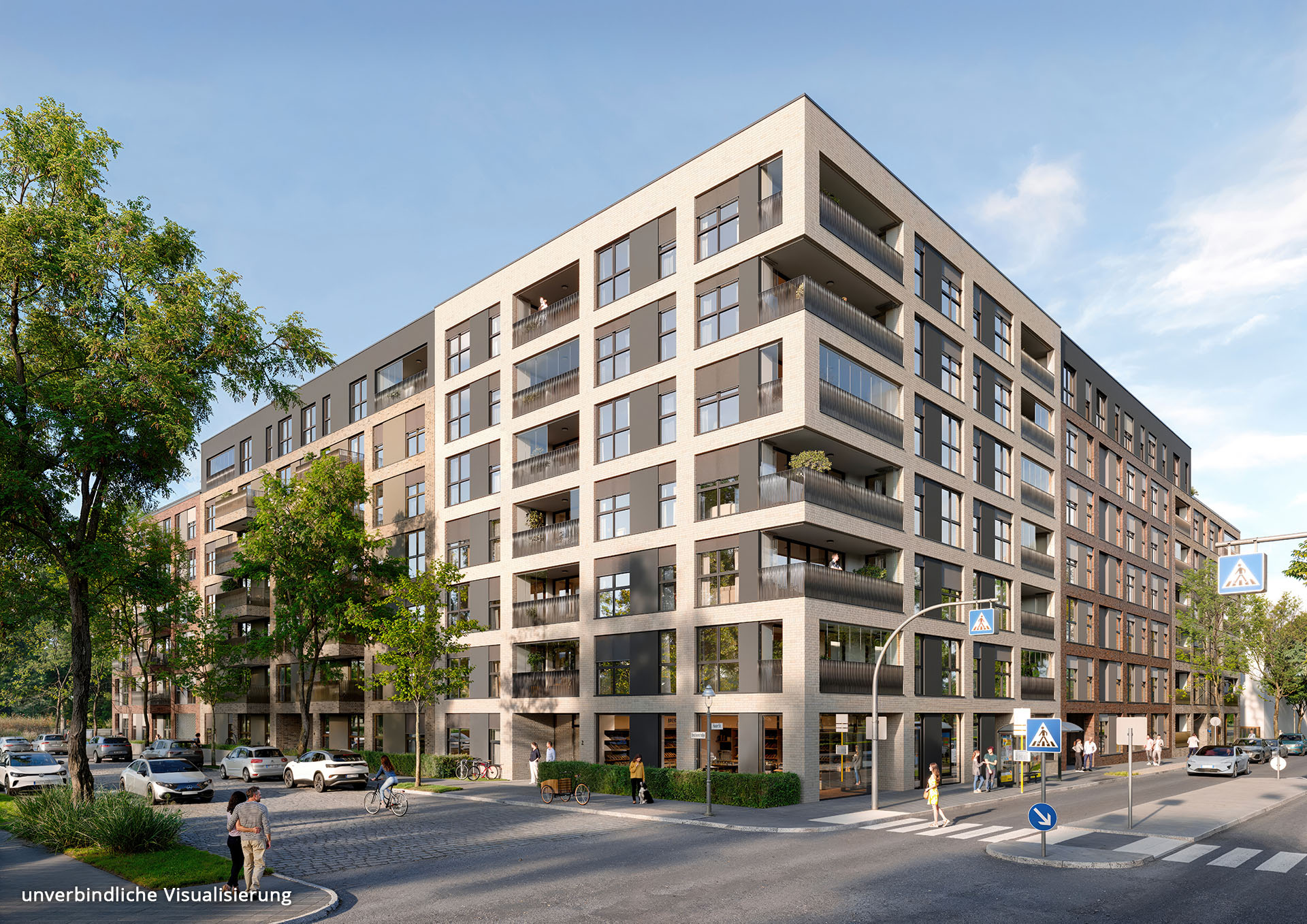 Visualisierung des Neubauprojekts Set44 in Berlin mit Blick von der Straßenkreuzung auf das Eckgebäude