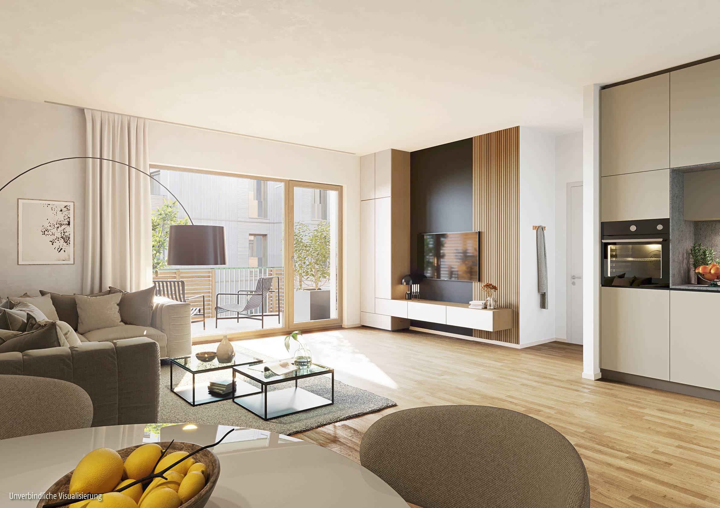 Visualisierung eines Wohn-Essbereichs im Neubauprojekt BUWOG DECK3