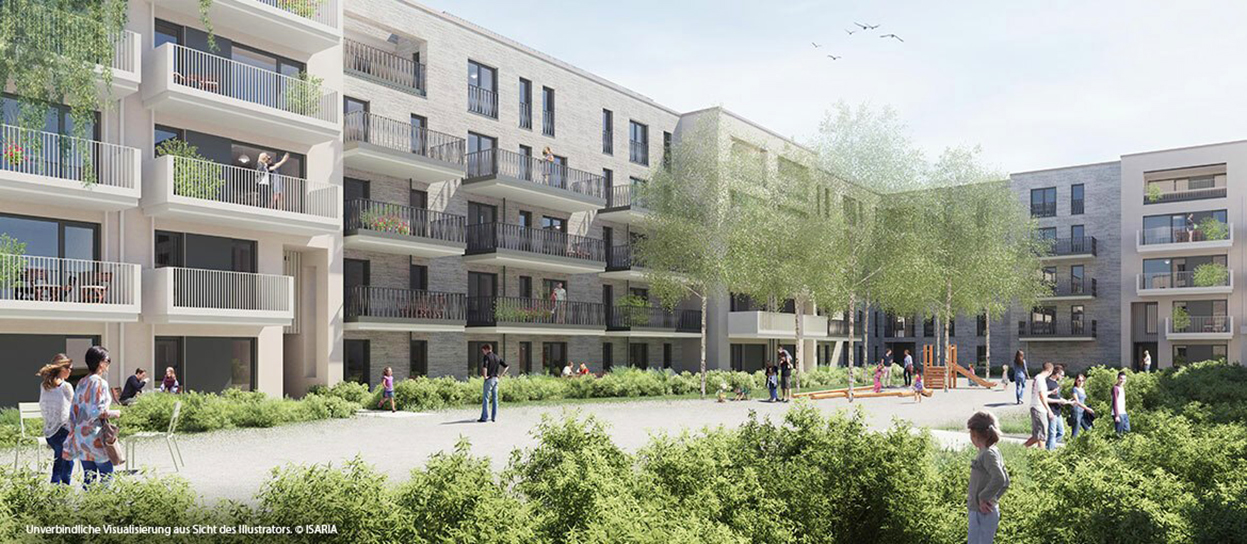 Zu sehen ist eine Wohnsiedlung, bestehend aus mehreren Häusern, einem Spielplatz und einer Außenanlage mit unterschiedlichen Personen, auch Kindern