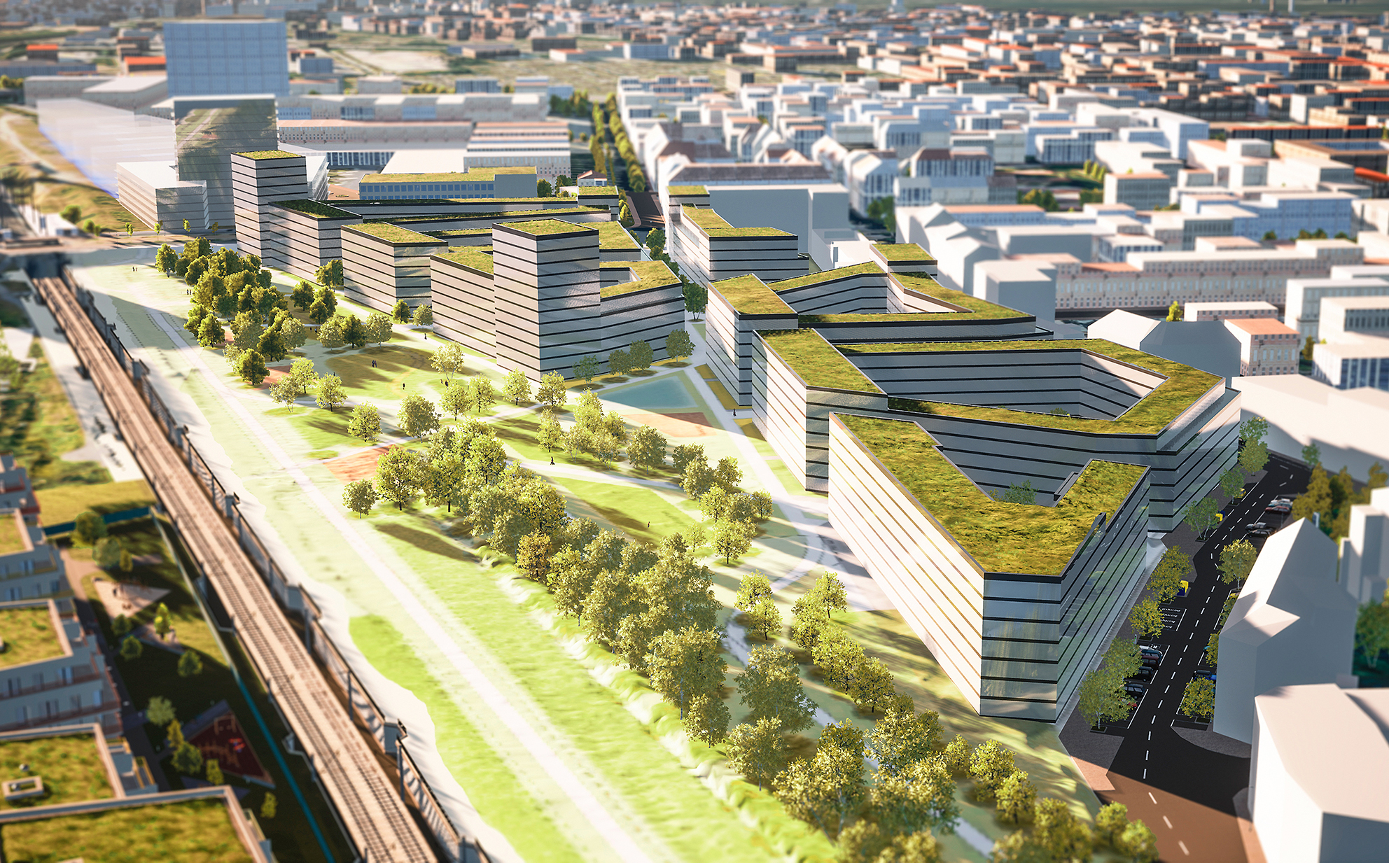 Zu sehen ist eine Visualisierung vom Stadtquartier Lössliger Straße mit mittig sieben neuen Wohneinheiten, vielen Bäumen, großer Grünfläche und rechts eine Straße mit Autos.