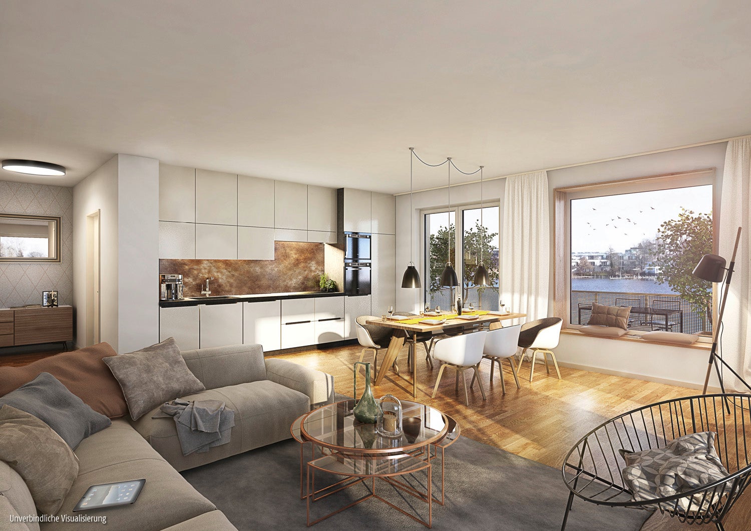 Visualization of an apartment in BUWOG Helling Hof with a view of the river Dahme