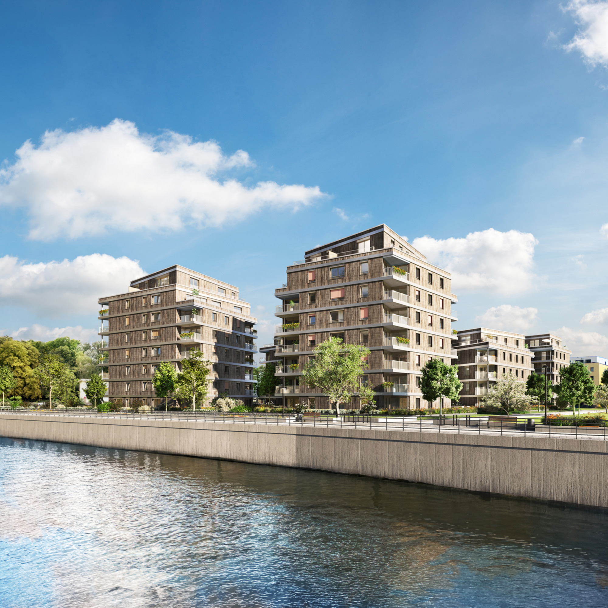 Visualisierung des Berliner BUWOG Neubauprojekts Weydenhof am Ufer der Spree