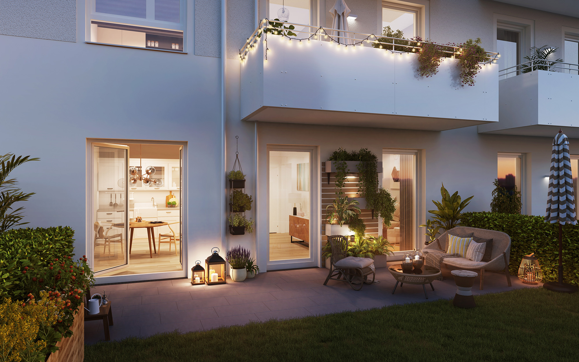 Visualisierung einer Gartenterrasse im Erdgeschoss des BUWOG Neubauprojekt Havelgalerie mit Sitzecke und Grünpflanzen