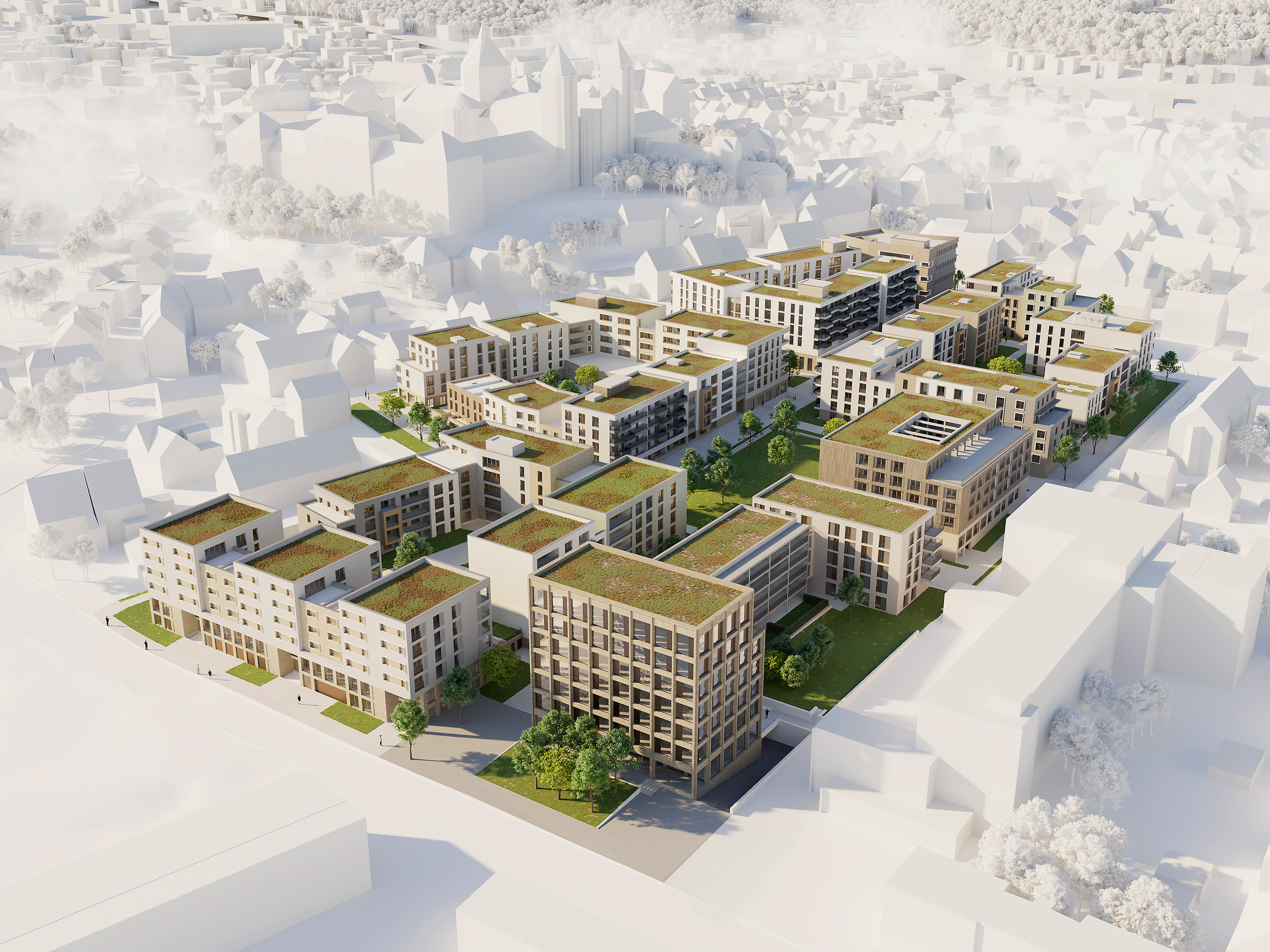 Weingarten (Kreis Ravensburg): BUWOG realisiert Neubauprojekt „Martinshöfe“, eine Visualisierung des Projekts aus der Vogelperspektive