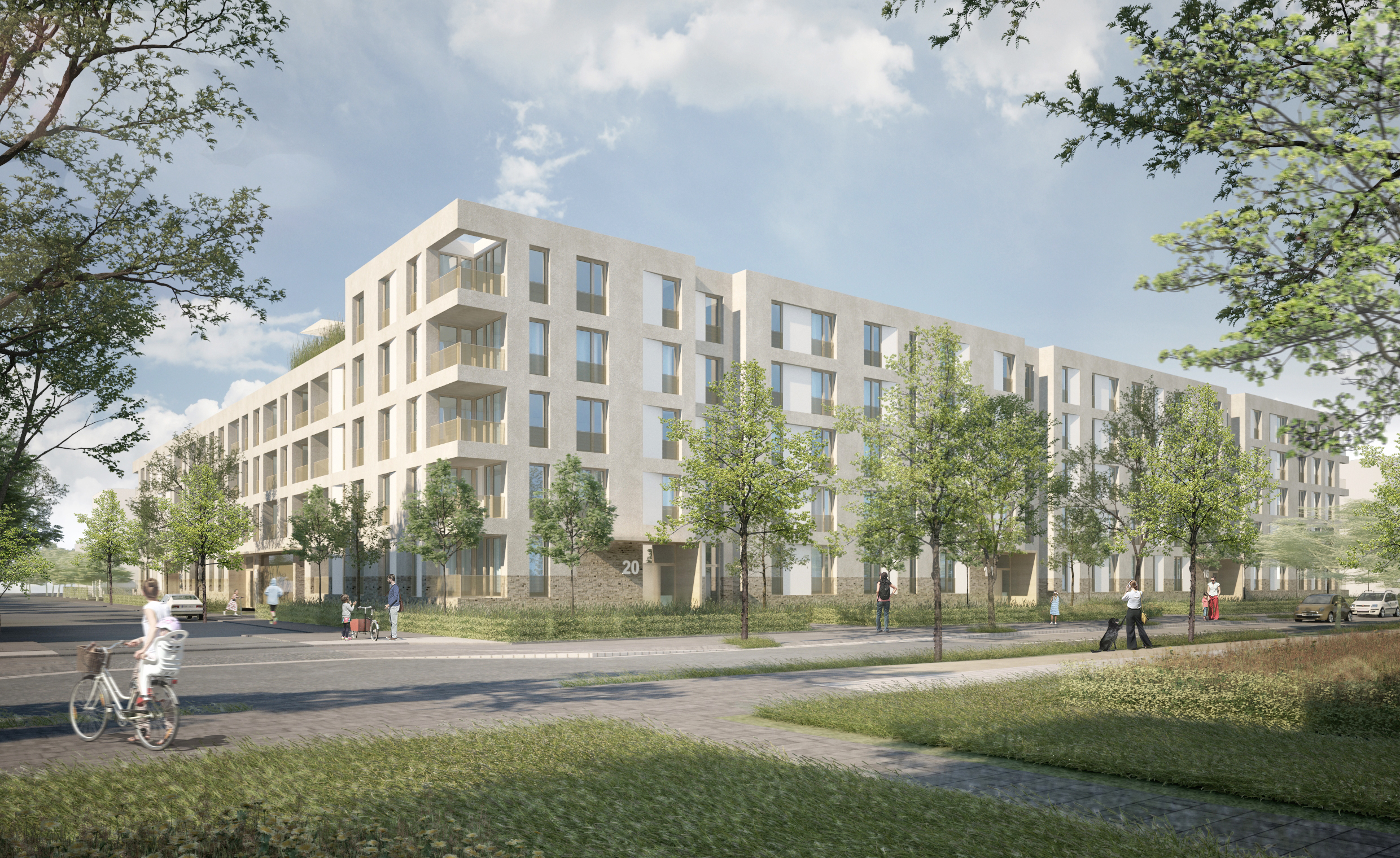 Visualisierung Projekt in der Karlsruhe mit Blick von der Straße auf die Häuser des Projekts