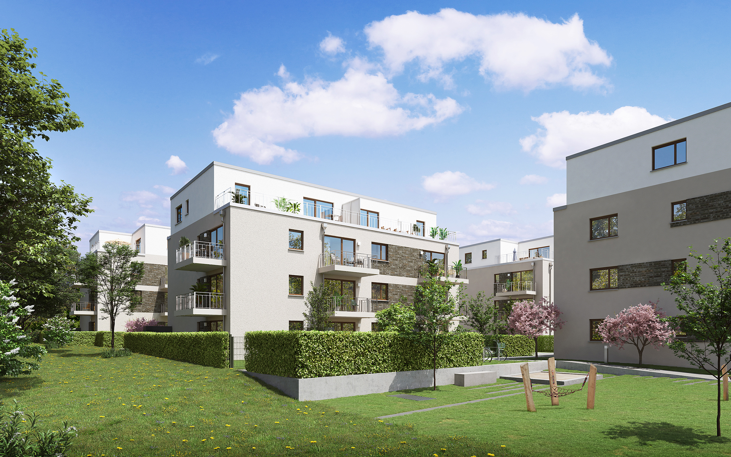 Visualisierung des Neubauprojekts Kilianshöhe mit Blick auf das gesamte Quartier mit Häusern und Grünanlagen