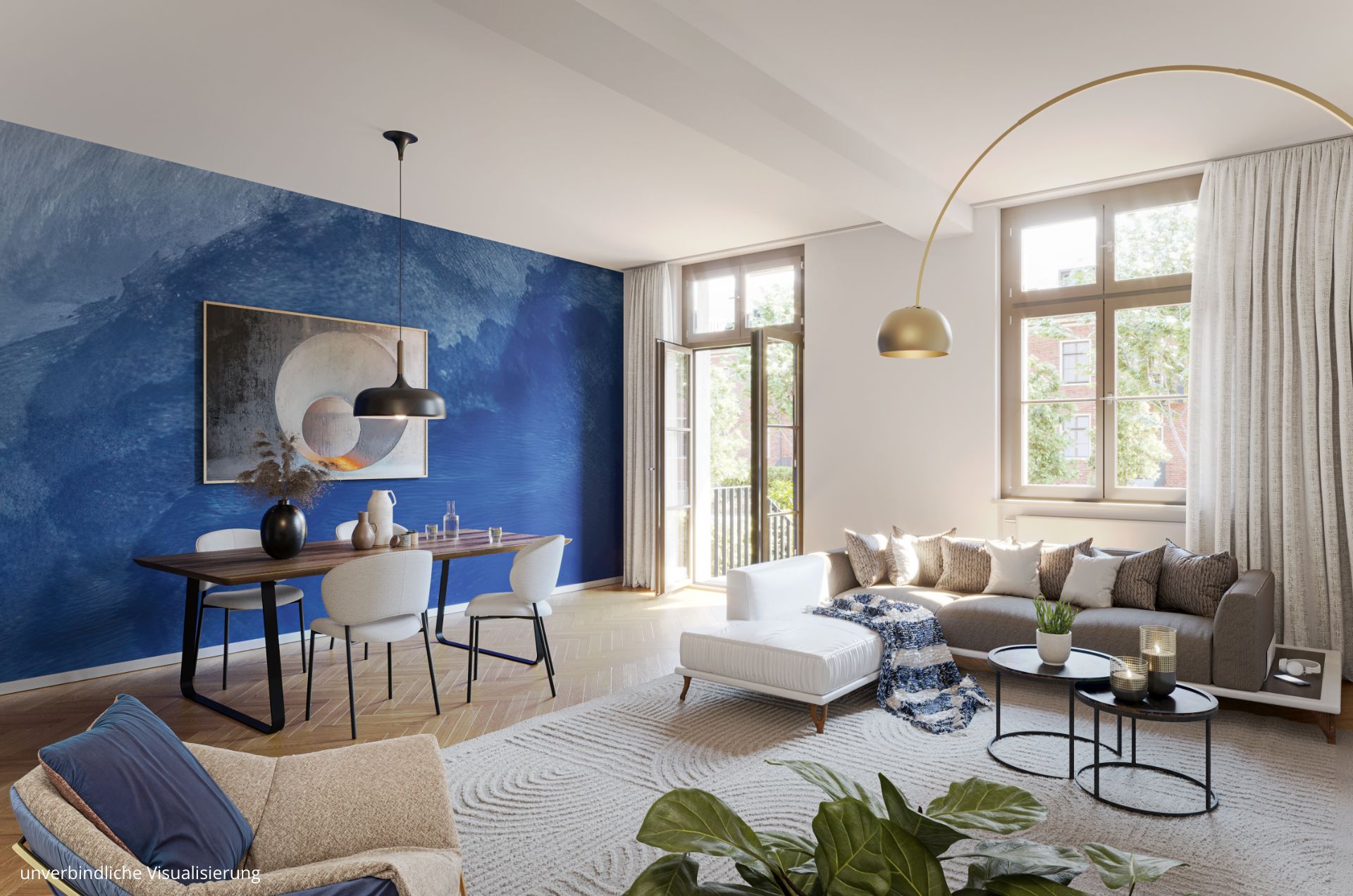 Zu sehen ist ein Zimmer mit einer Couch, einem Couchtisch, einem Esstisch und Stühlen.