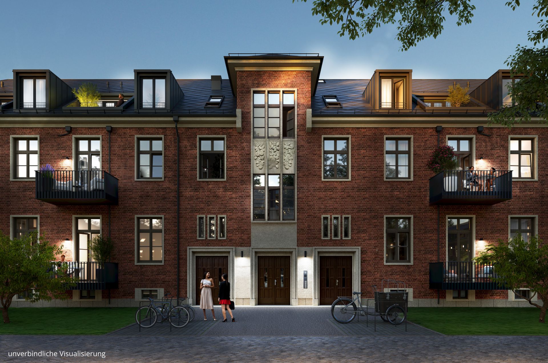 Zu sehen sind Hauseingänge eines braunen Gebäudes des Projekts BUWOG ALVA am Abend mit sich unterhaltenen Personen vor einem Eingang.