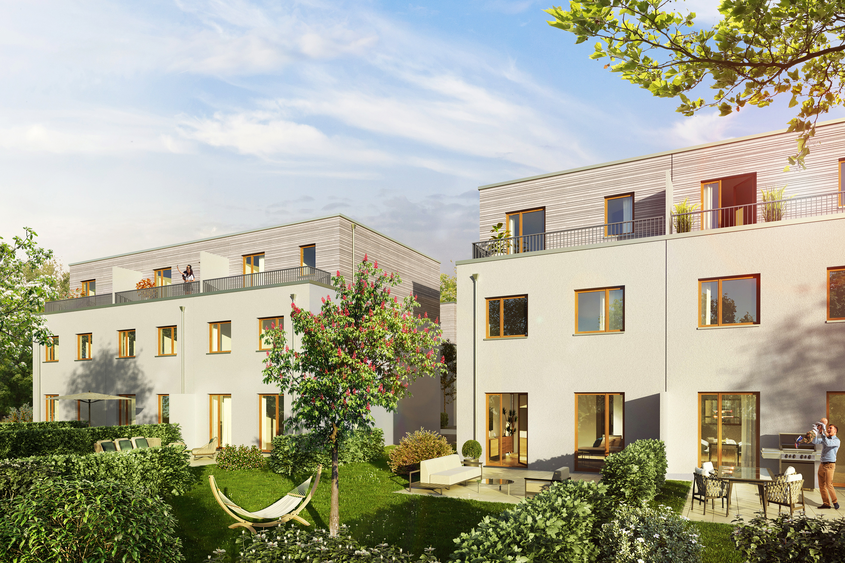 Visualisierung des Neubauprojekts Münsterberger Weg mit Blick auf die privaten Gärten der Erdgeschosswohnungen