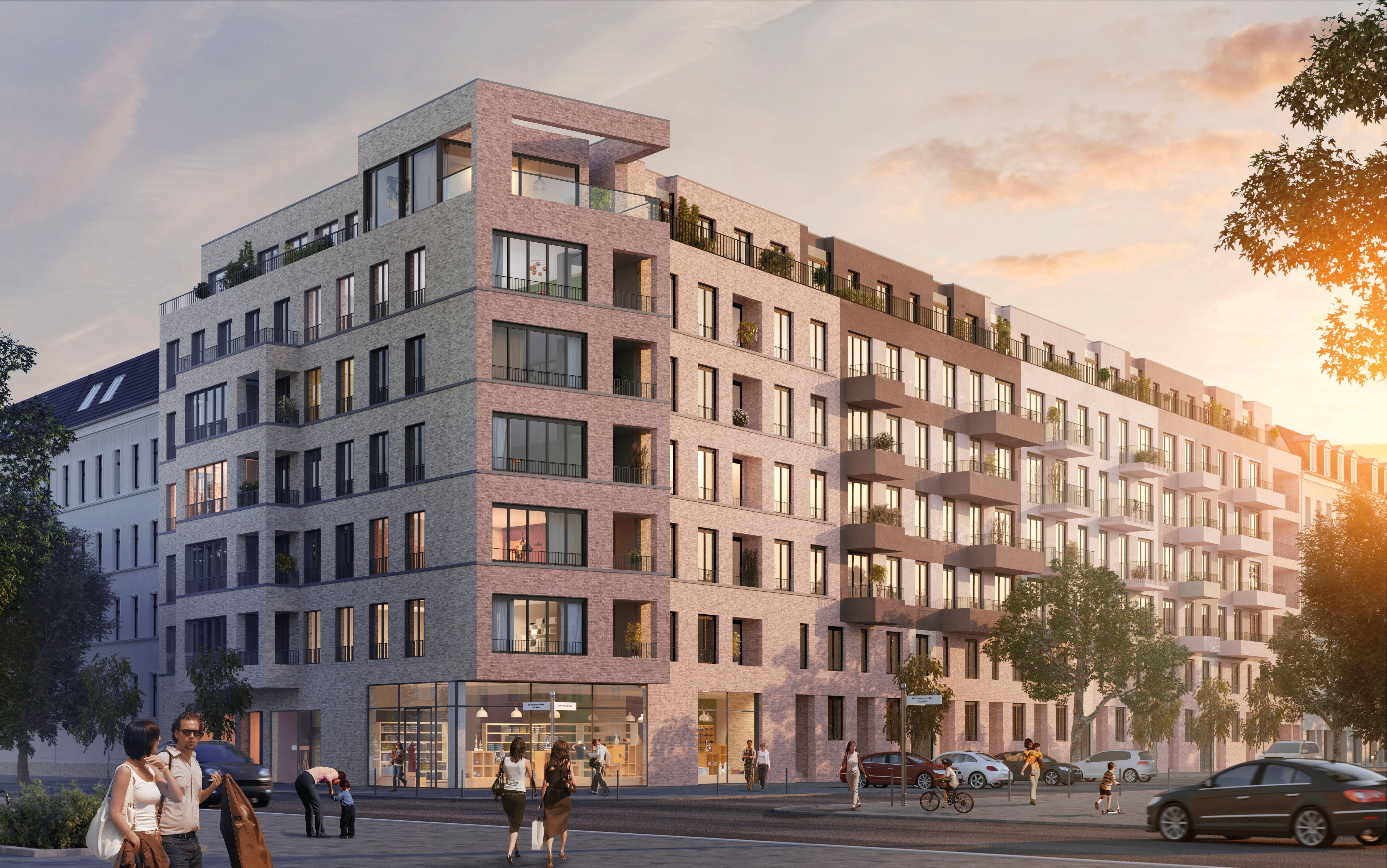 With a view from the street of the exterior on the evening of the Berlin BUWOG new construction project Gervin & Wilmers