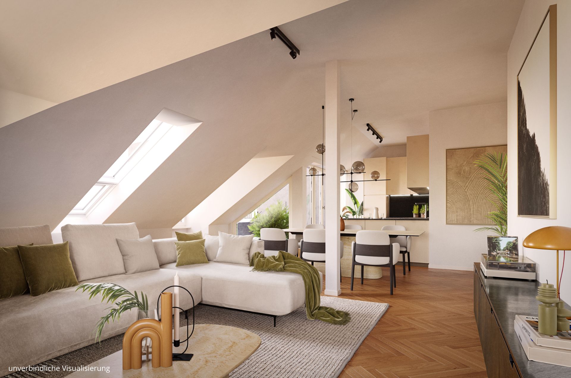 Zu sehen ist ein Wohnzimmer mit links einer weißen Couch und weiter hinten einem Esstisch