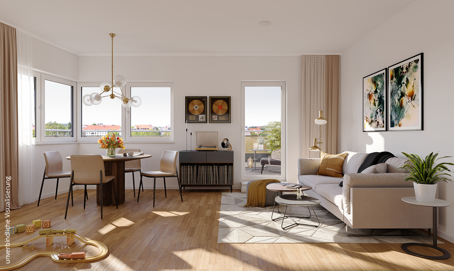 Visualisierung eines Wohnzimmers im Neubauprojekt BUWOG Am neuen Park in Leipzig