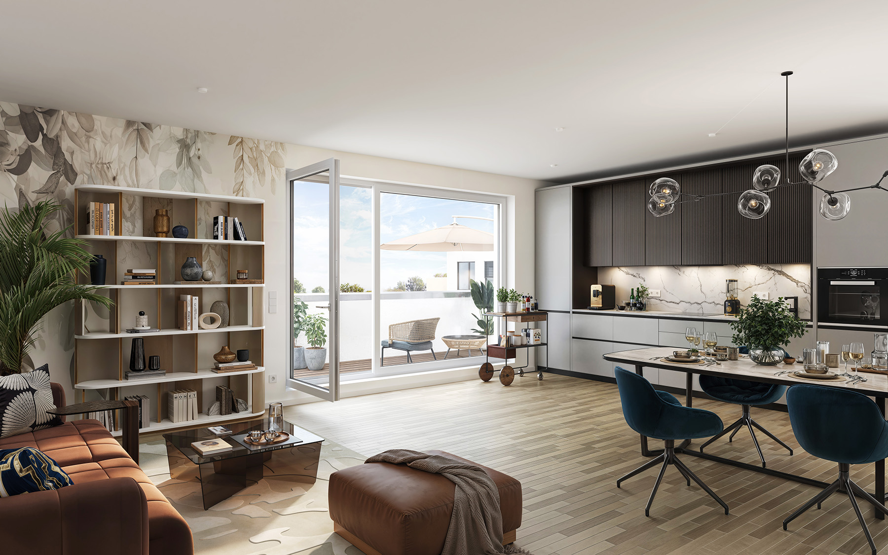 Visualisierung des Neubauprojekts BUWOG Floragärten in Naunhof mit Blick in das Wohn-Ess-Zimmer