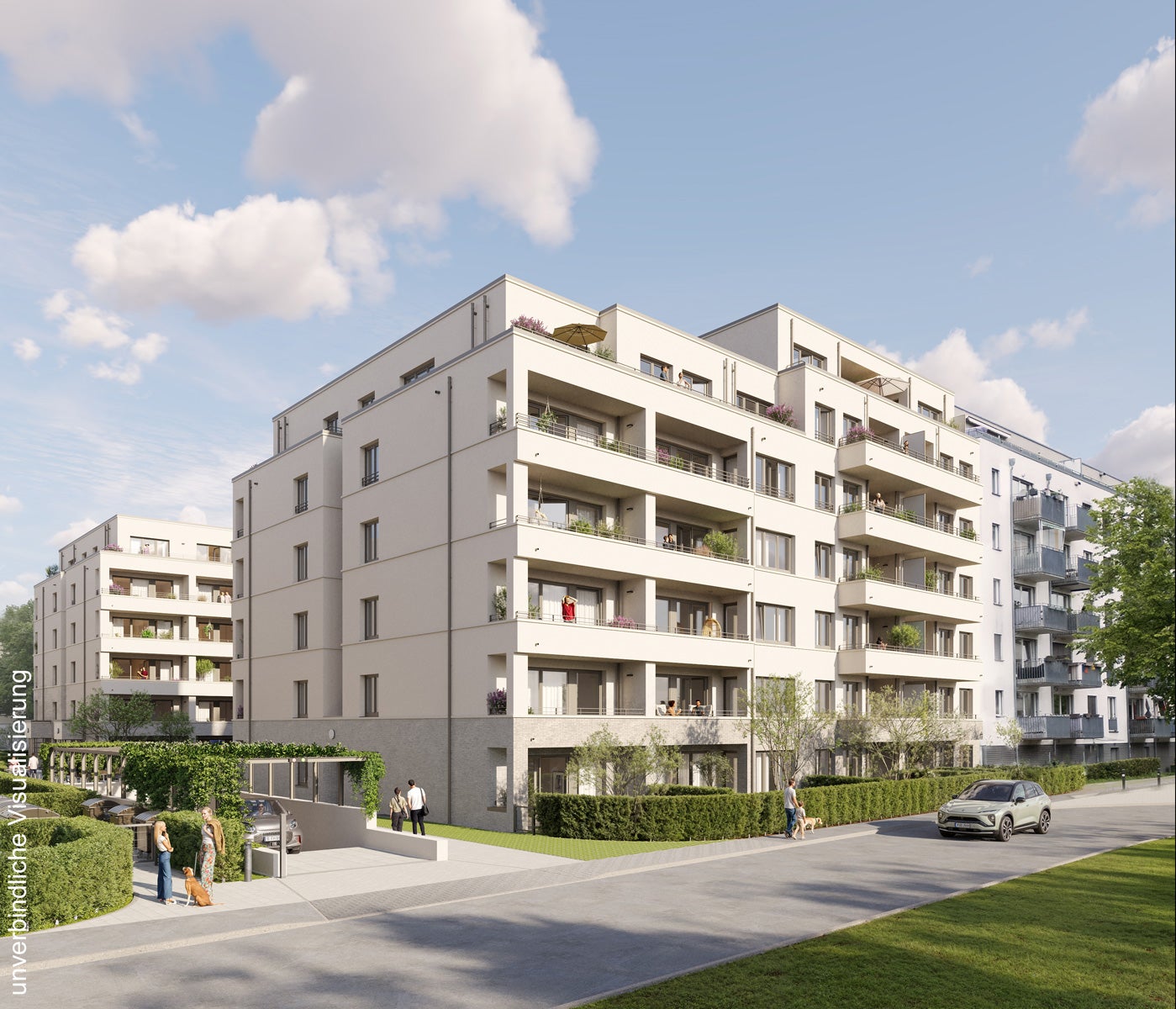 Visualisierung eines modernen mehrgeschossigen Wohngebäudes mit heller Fassade, großzügigen Balkonen und Dachterrassen. Das Gebäude ist von begrünten Außenflächen umgeben und liegt an einer ruhigen Wohnstraße.