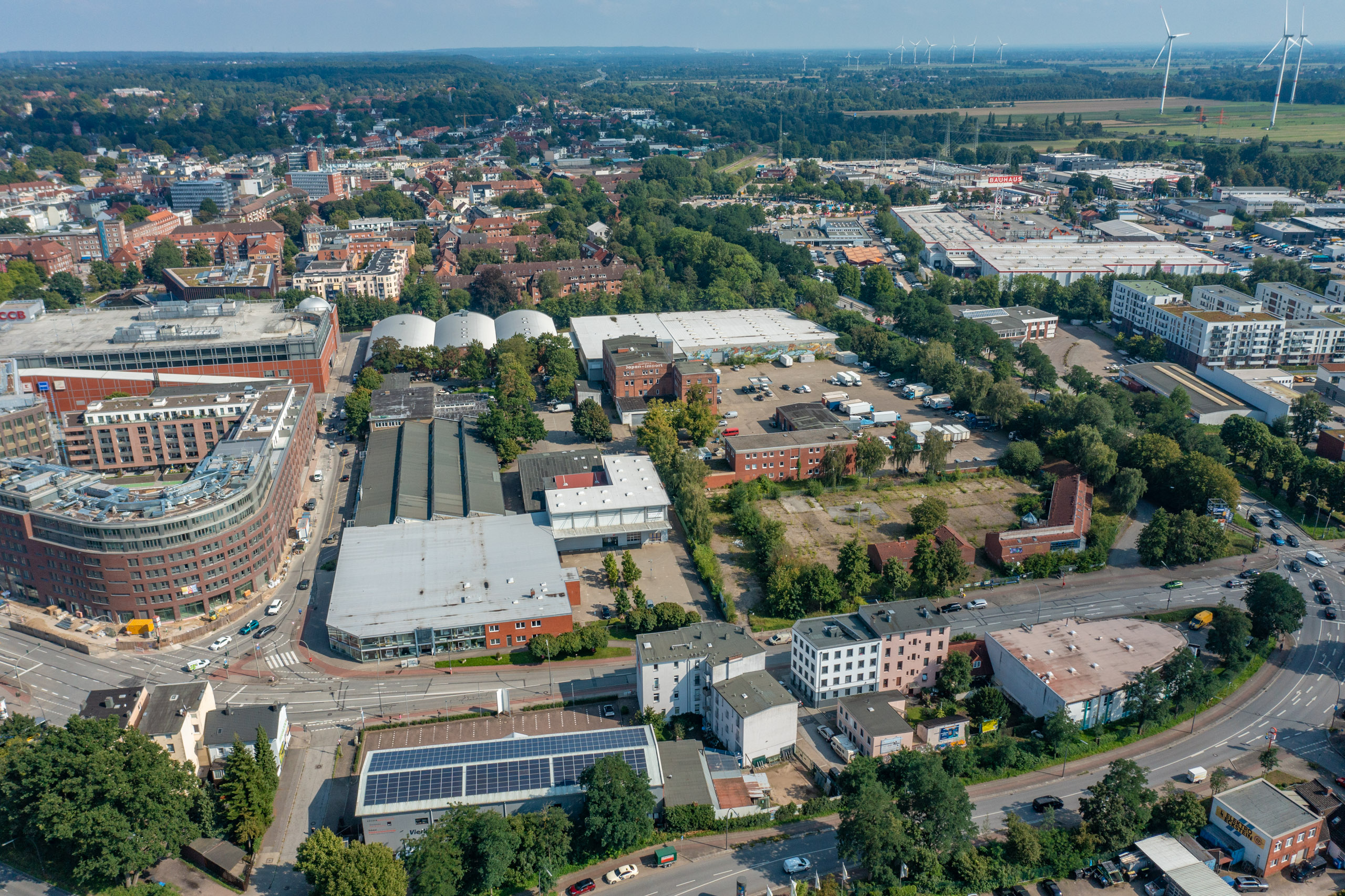 Aktuelle Drohnenaufnahme zeigt die Stelle, an der das Neubauprojekt Stuhlrohrquartier entstehen soll