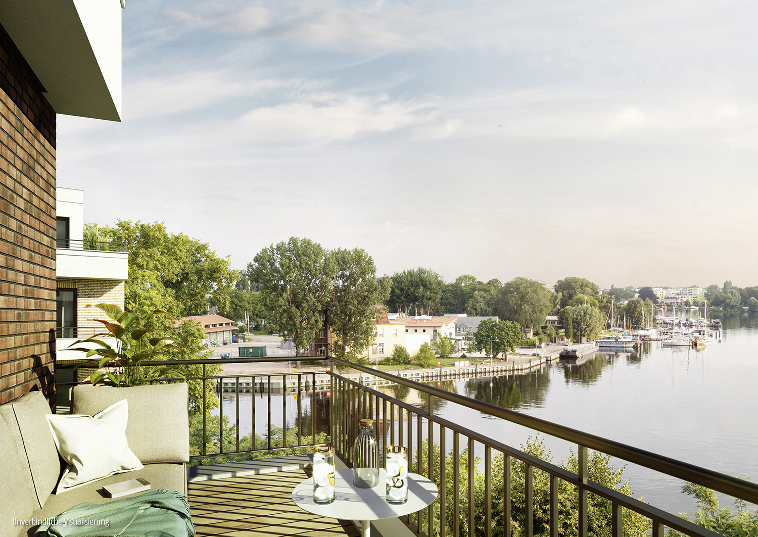 Visualisierung des Neubaus BUWOG Dahmebogen mit Wasserblick von einem Balkon