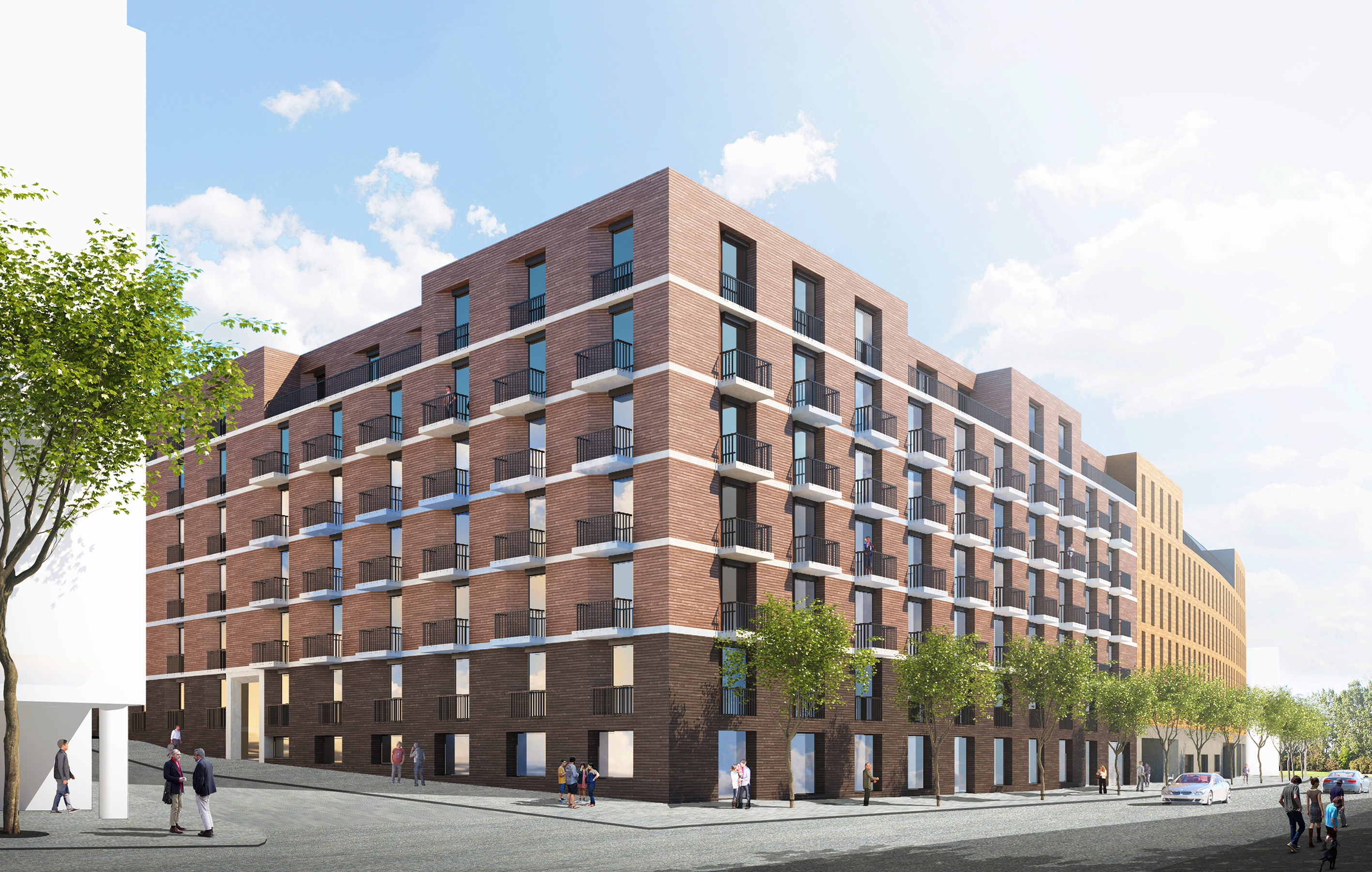 Zu sehen ist eine Visualisierung eines braunen Gebäudes des Quartiers Rosenstein Mitte mit Blick von der Straße aus auf Parkplätze, Personen und Grünflächen, sowie auf Balkone und die Fassade des Hauses. Rechts folgt ein beige-farbiges Haus des Quartiers.