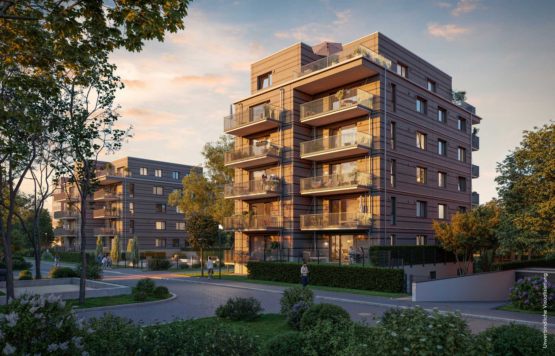 Visualisierung des Neubauprojekts BUWOG ARBOR in Berlin-Köpenick mit Straße
