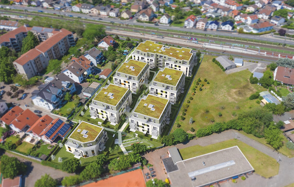 Mit der Vogelperspektive auf die Ansicht des Wohnkomplexes vom BUWOG Neubauprojekt Sixplaces im Rhein-Main-Gebiet