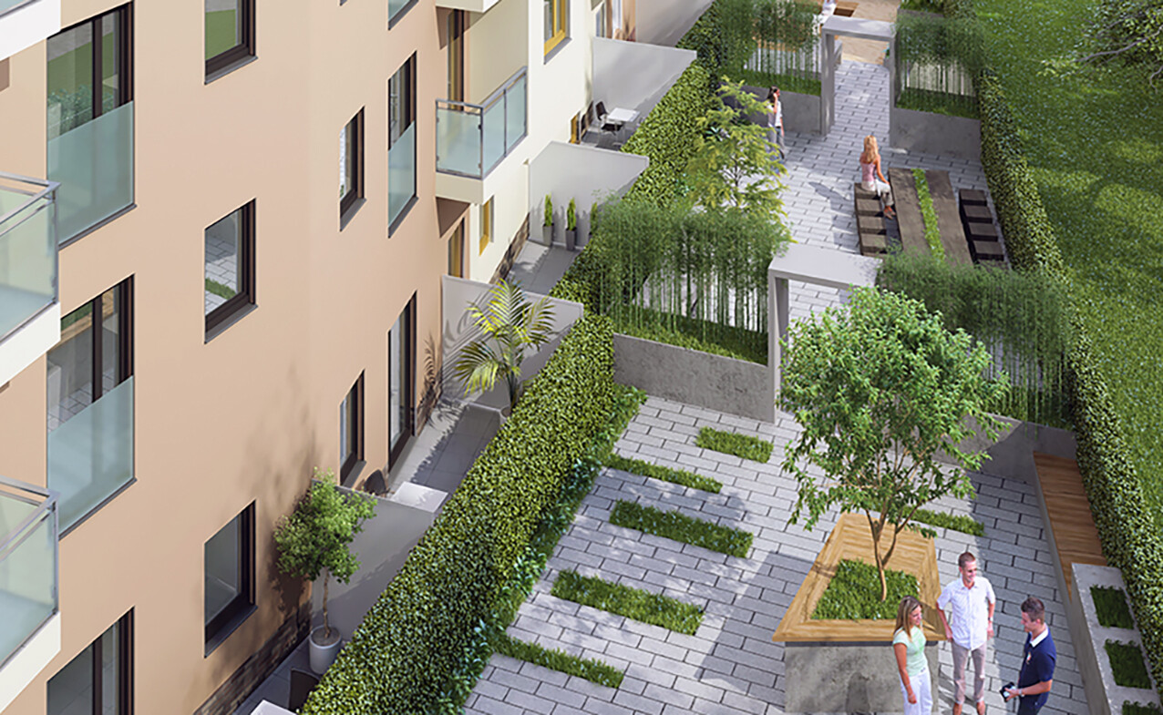 Mit Vogelperspektive auf den Hof mit Begruenung und Baenken des BUWOG Neubauprojekts Eastfive im Rhein-Main-Gebiet