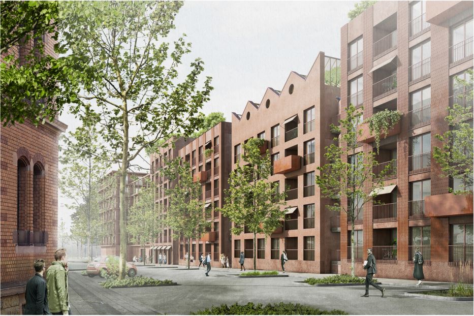 Visualisierung des Projekts in der Rümelinstraße in Stuttgart. Mit Blick von der Straße auf die Gebäude des Projekts.