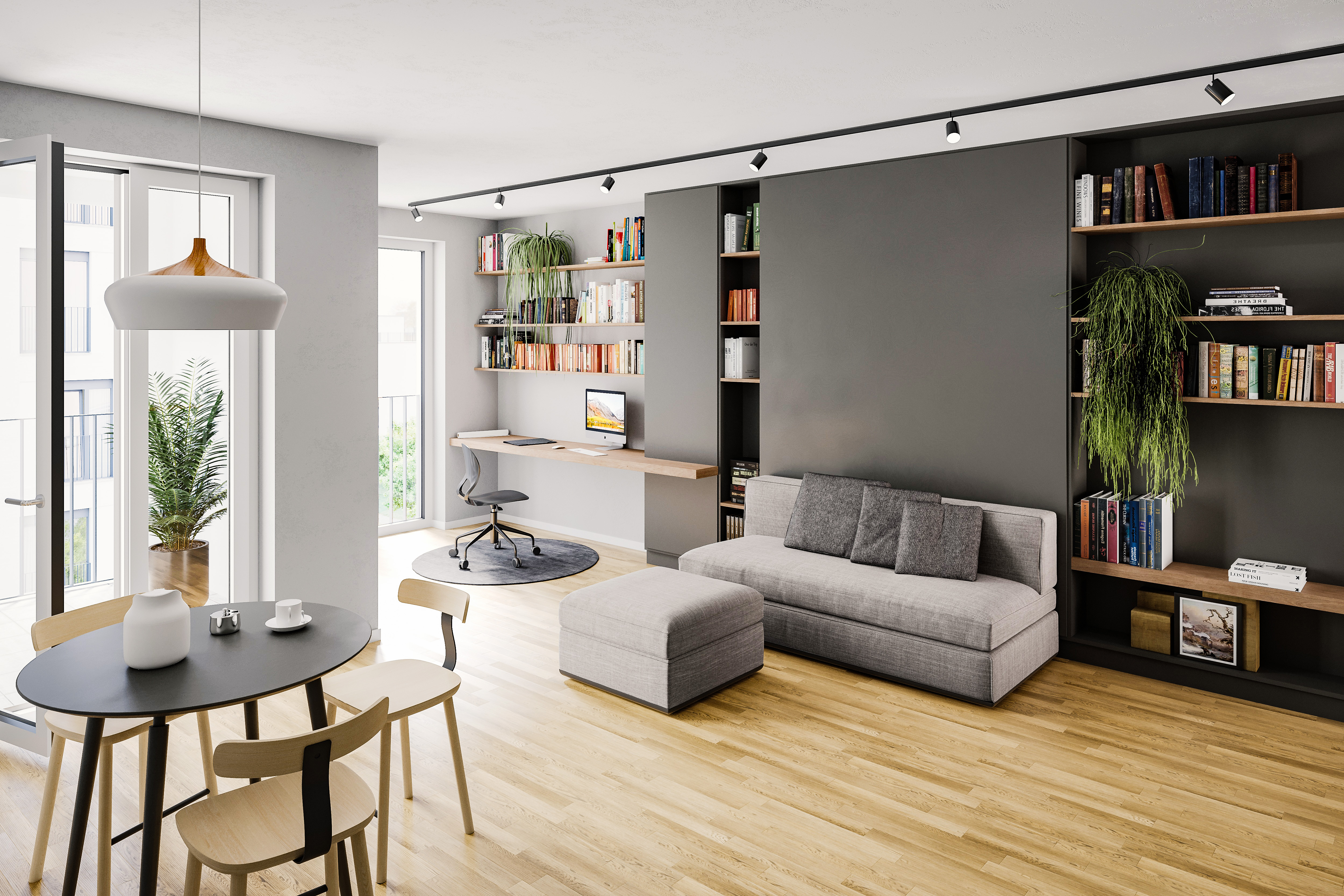 Visualisierung des Neubauquartiers Neue Mitte Schönefeld mit Blick in eine der Wohnungen