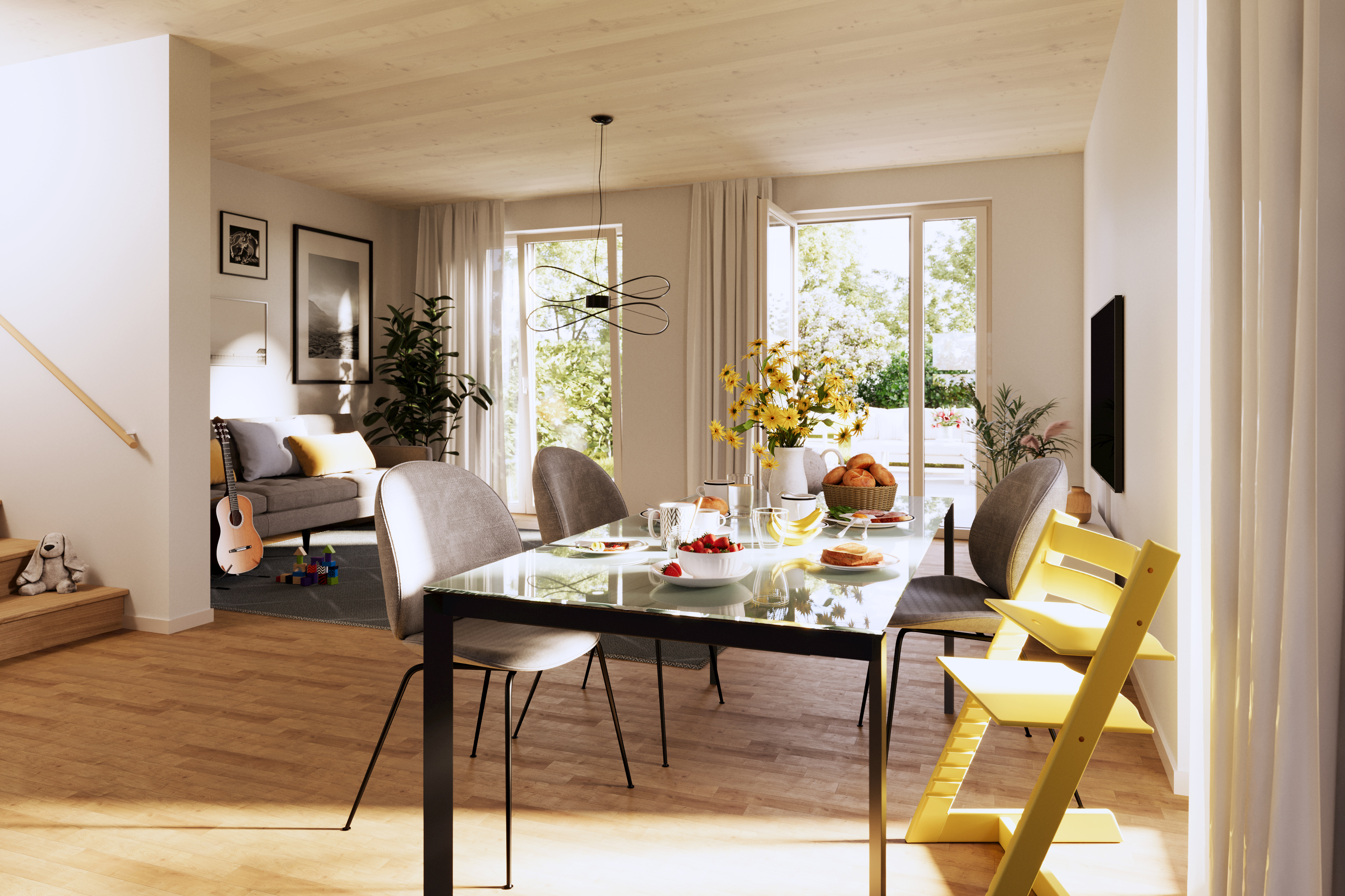 Visualisierung eines Wohnzimmers vom Neubauprojekt Hygge Höfe am Münsterberger Weg