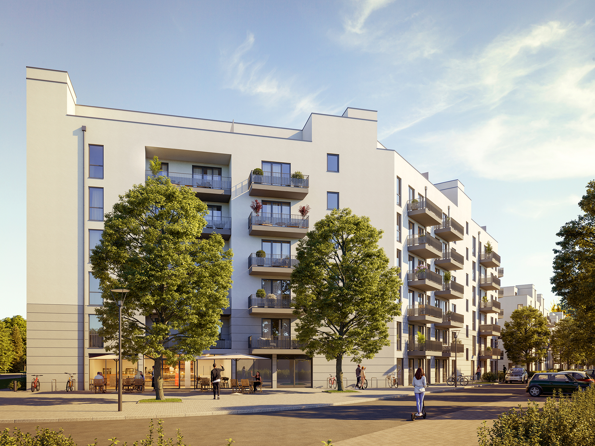 A visualization of the HALSKE SONNENGÄRTEN quarter with a view of the architecture.