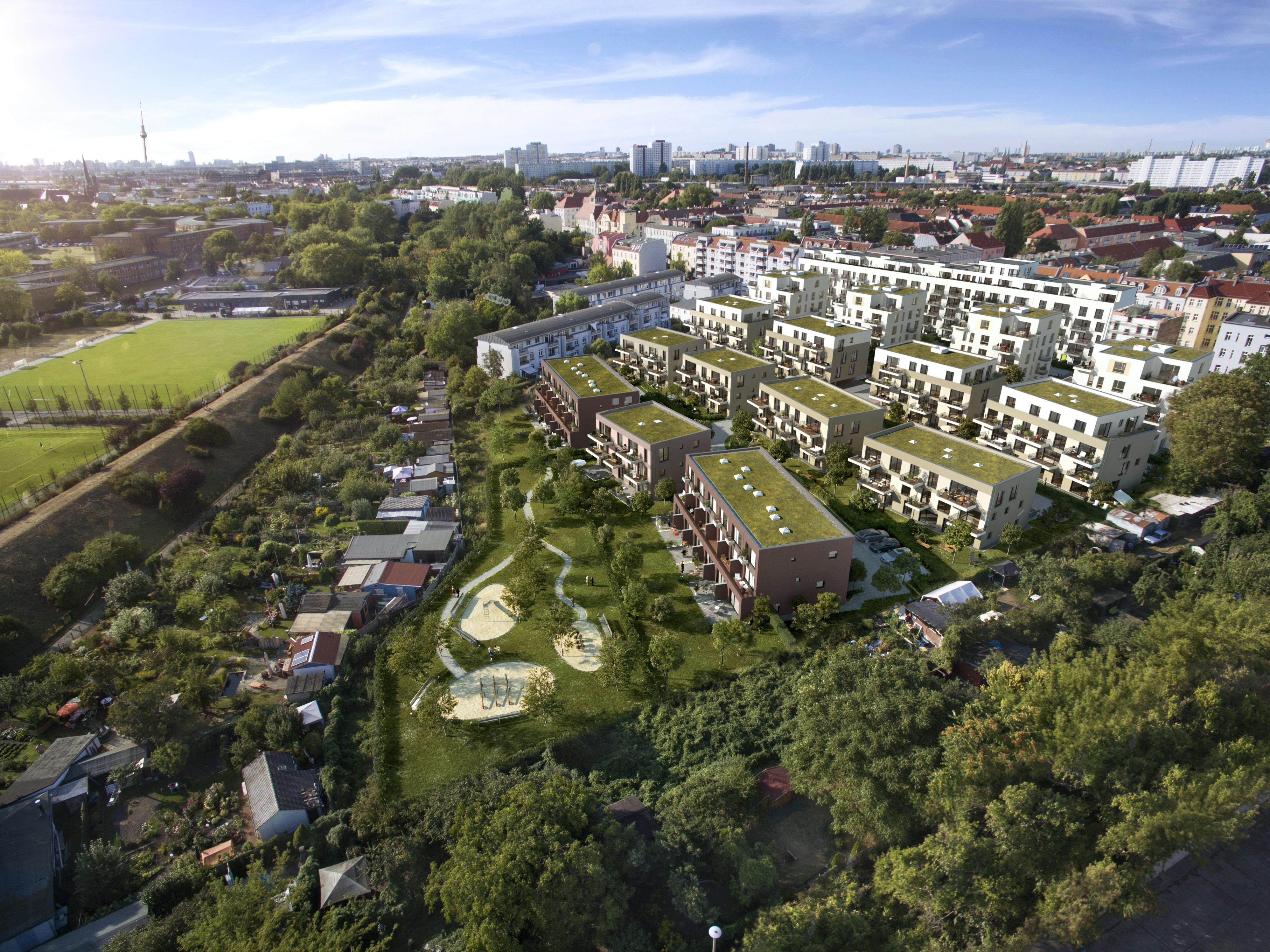 Mit Vogelperspektive auf die Reihenhäuser vom Berliner BUWOG Quartier LICHTENHAIN
