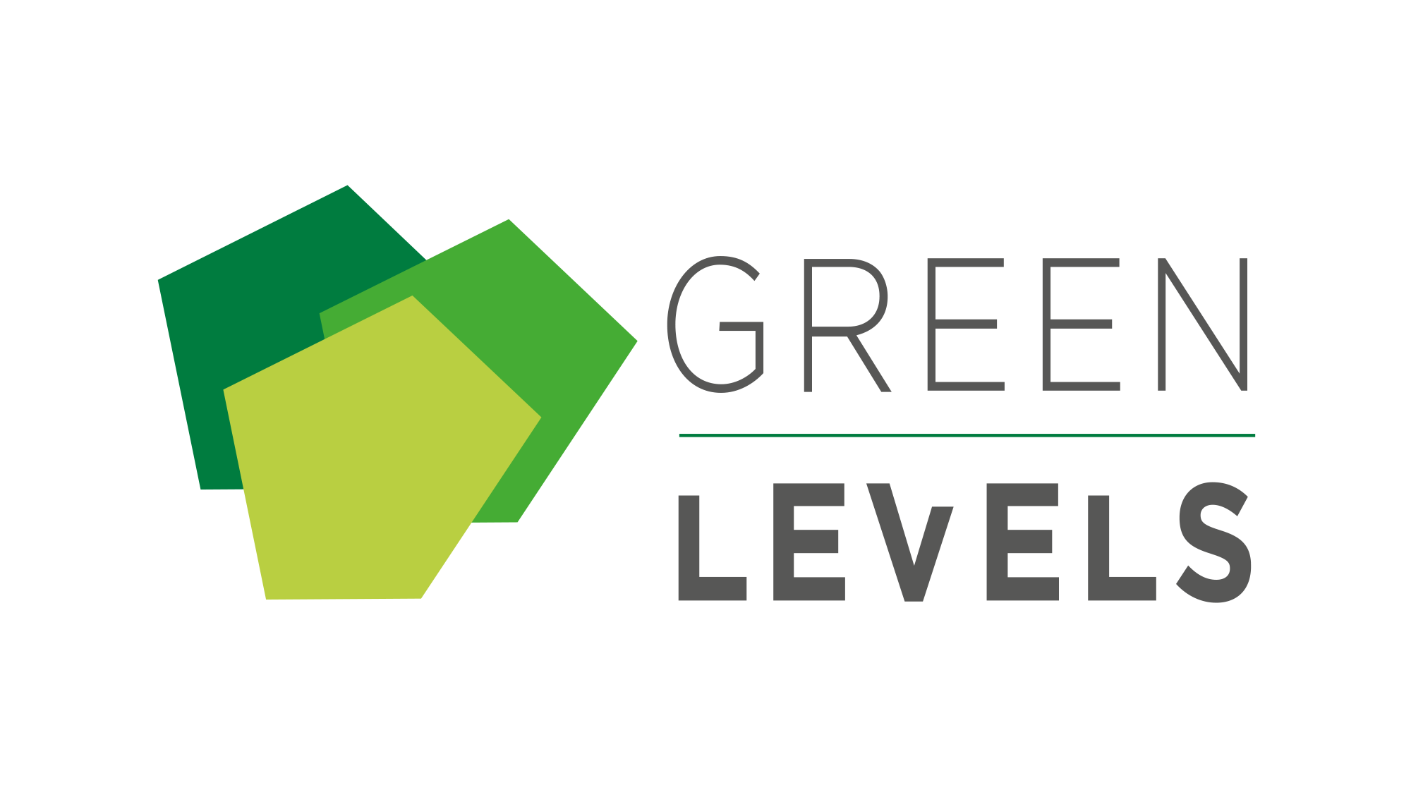 Zu sehen ist ein Logo des GREENLEVELS Projektes mit rechts einem zweizeiligen Schriftzug und links einer Grafik, bestehend aus 3 Ebenen mit 3 verschiedenen Grüntönen von dunkel nach hell.
