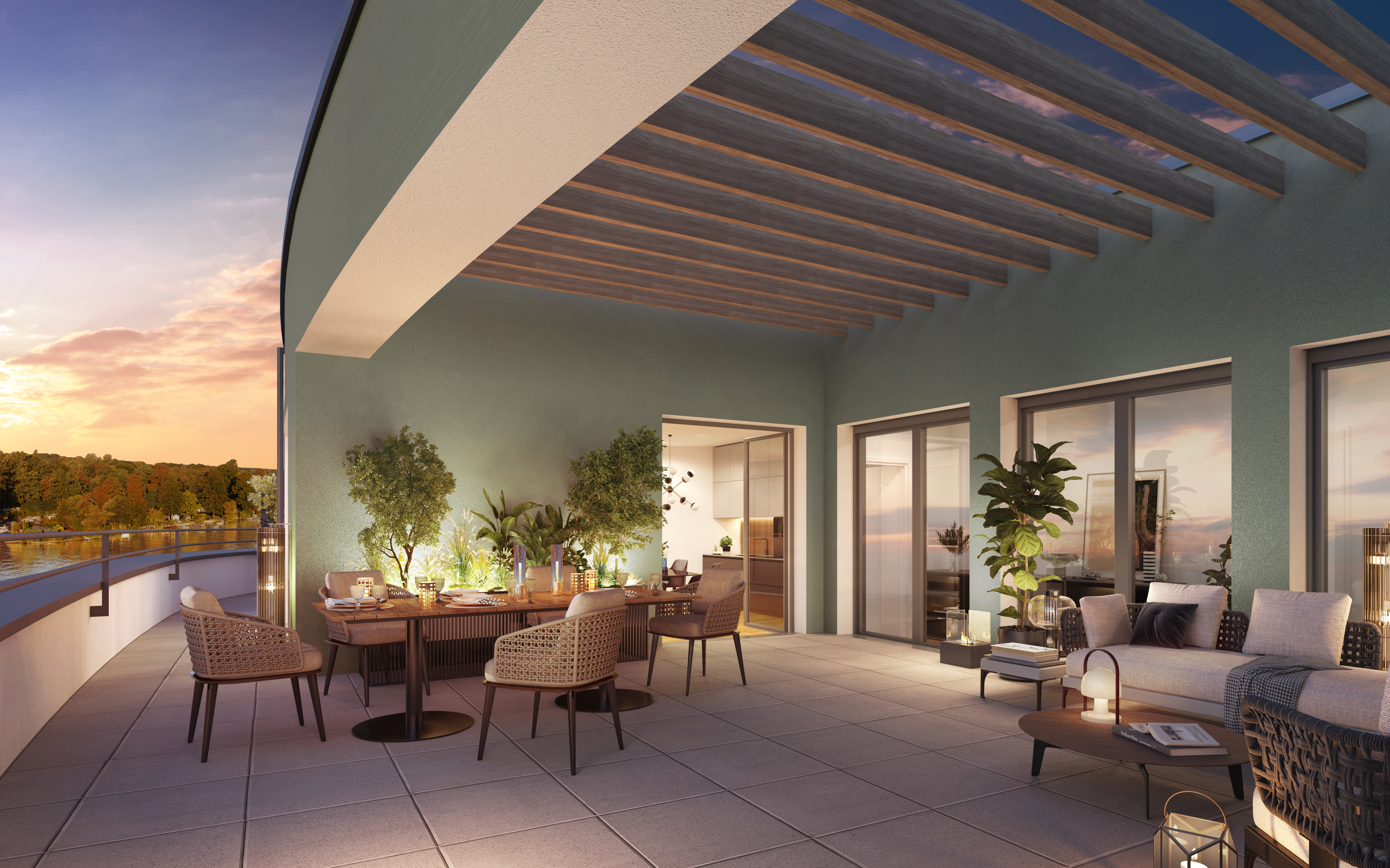 Visualisierung des Neubaus BUWOG Havelbogen mit Blick auf eine abendliche Terrasse