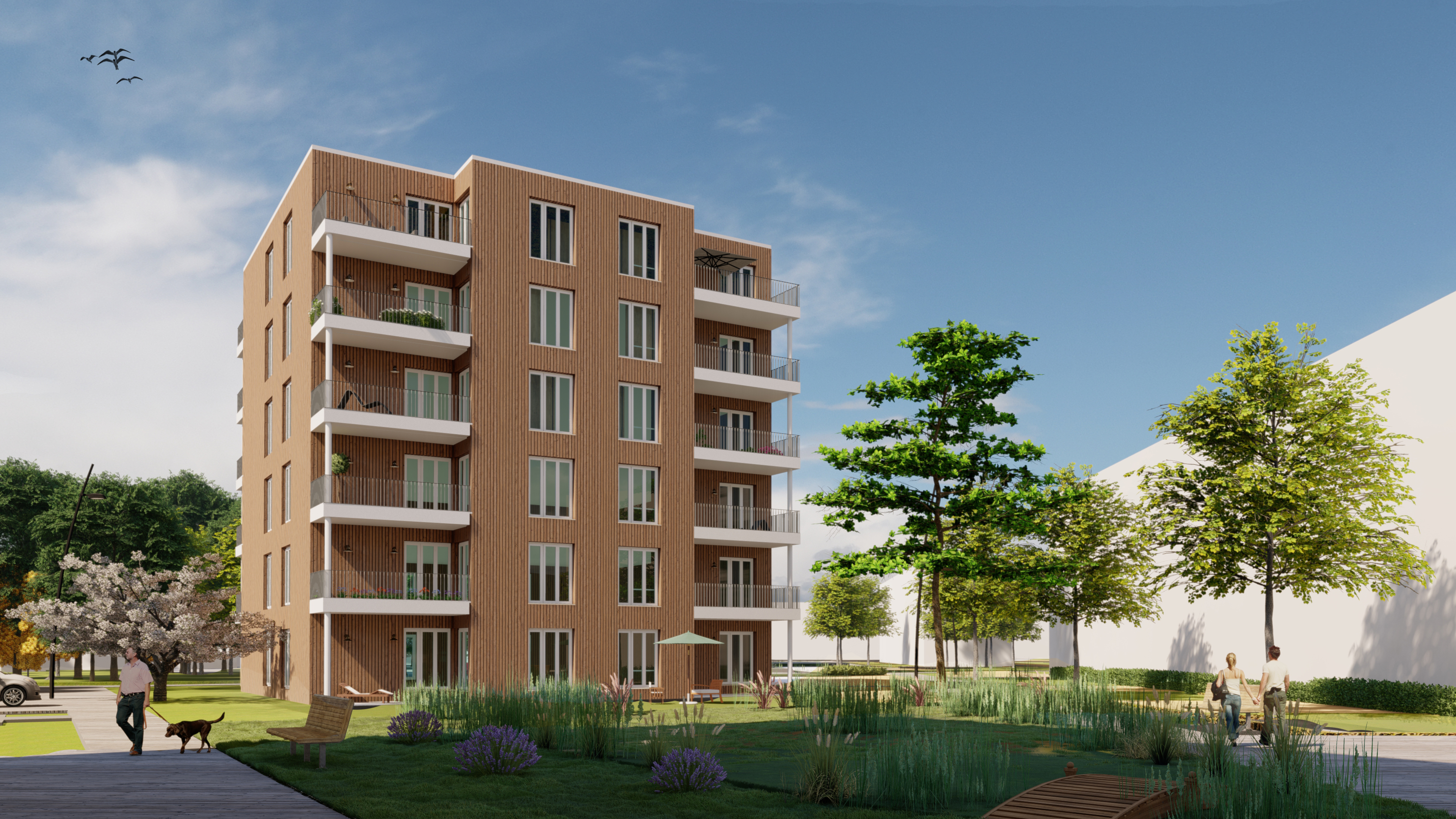 Visualisierung des Projekts Insterburgerstraße in Dortmund. Mit Blick von der Straße auf die Gebäude des Projekts.