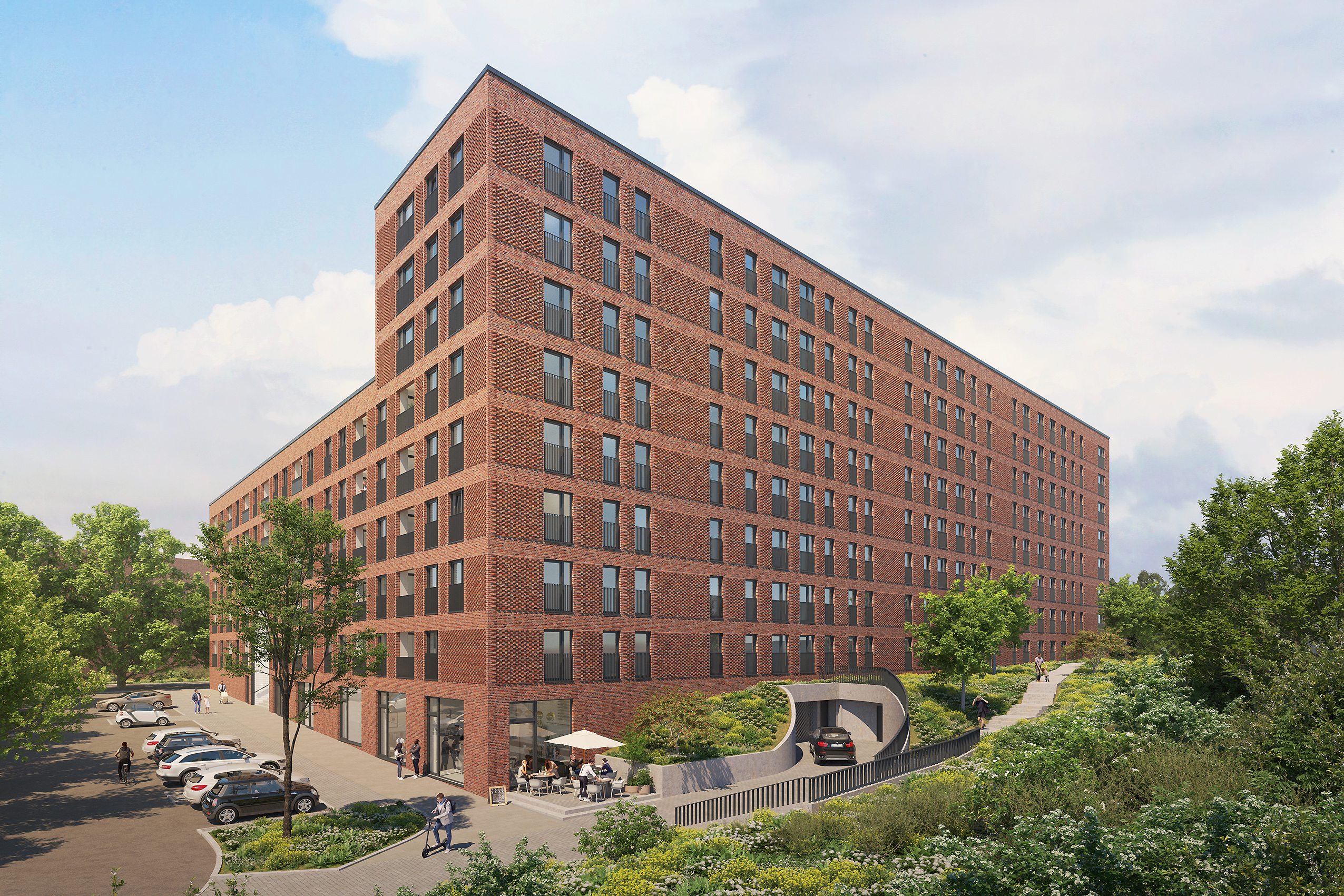 Visualisierung des Neubaus Pergolenviertel in Hamburg aus der Vogelperspektive