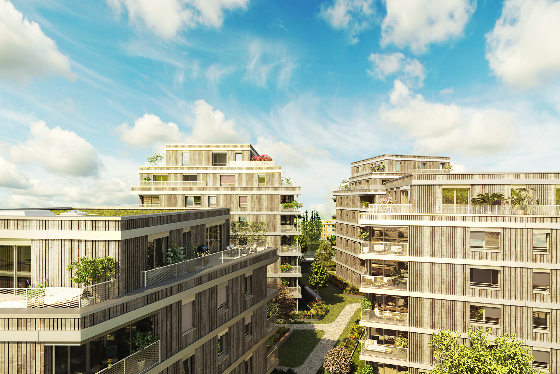 Visualisierung des Berliner BUWOG Neubauprojekts Weydenhof mkit Blick ins Quartier