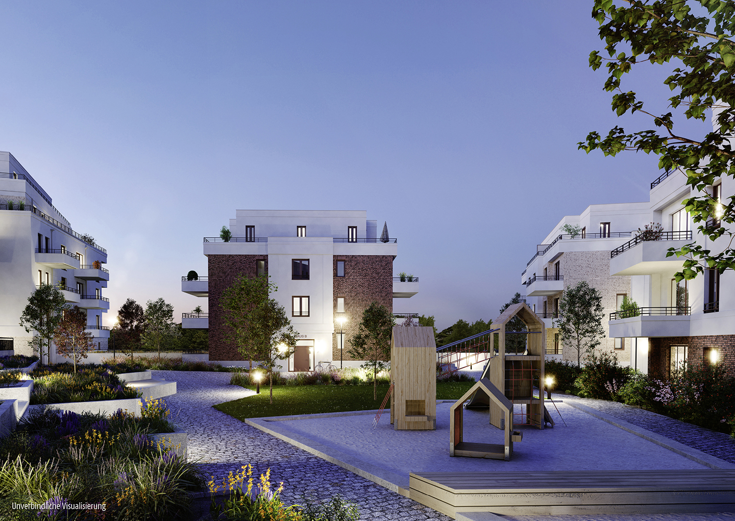 Visualisierung des Quartiers BUWOG Dahmebogen mit abendlicher Stimmung im Innenhof mit Spielplatz