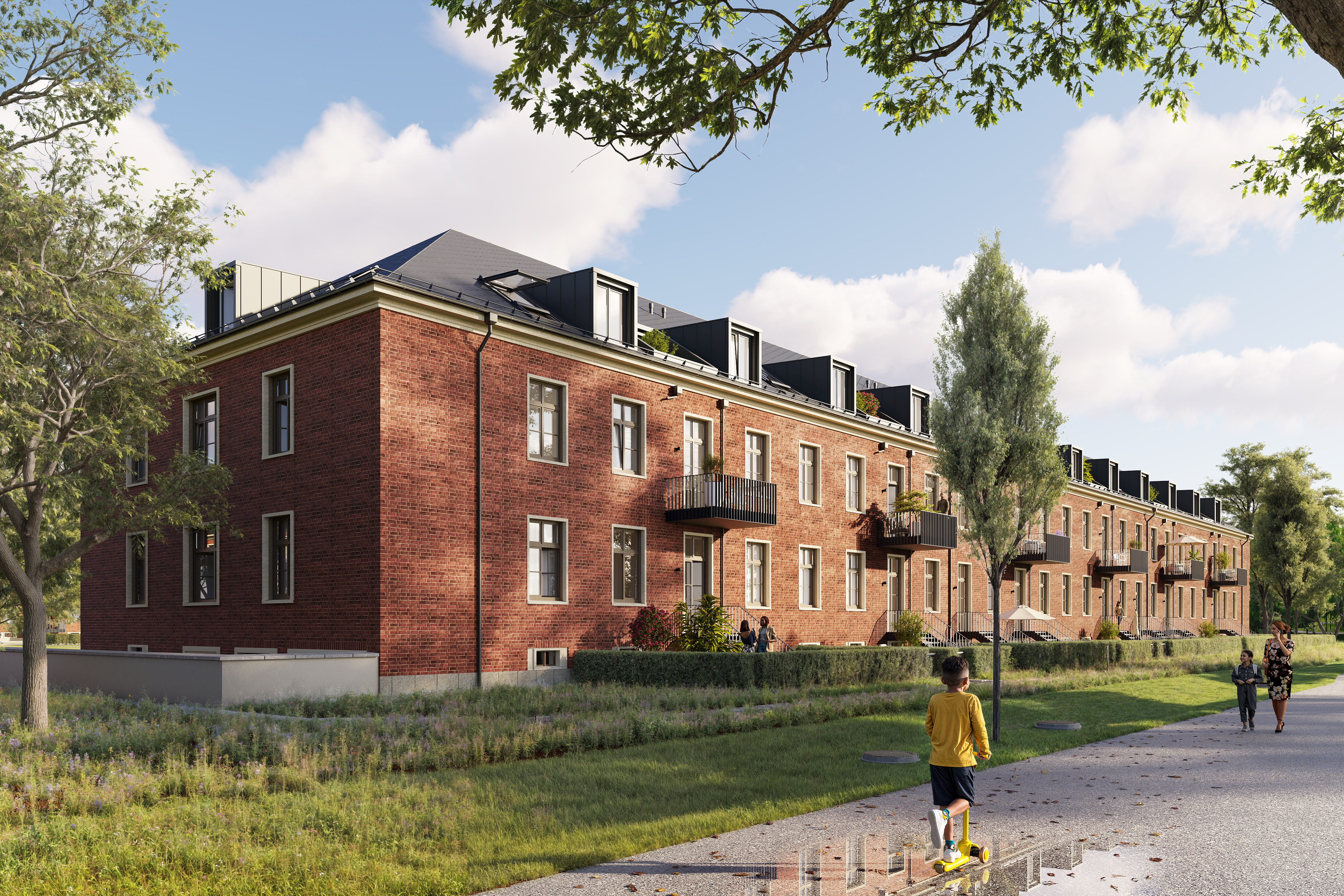 Zu sehen ist ein braunes Haus des Projekts BUWOG Lillestad mit Personen auf einem Gehweg.