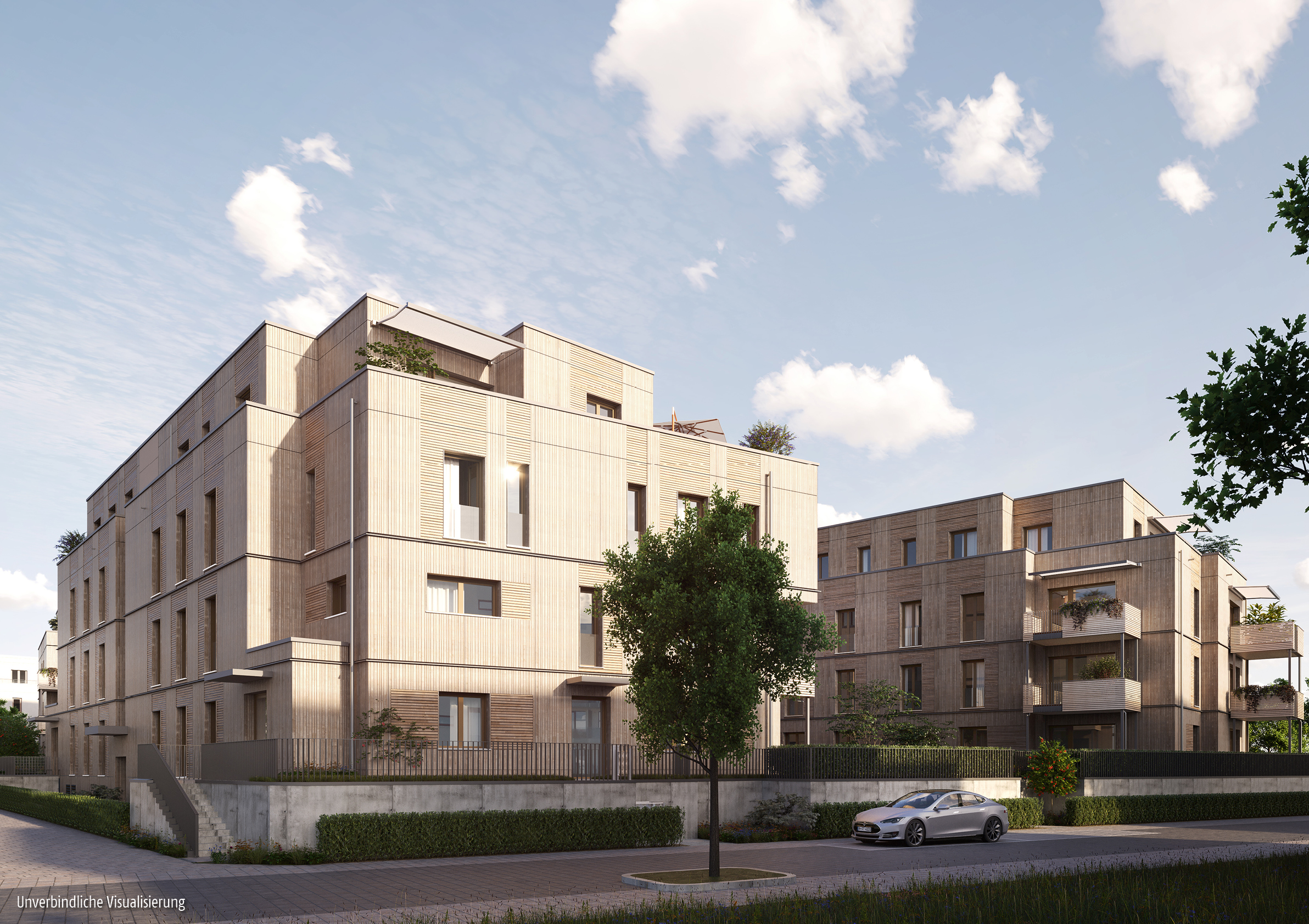 Visualisierung des Neubauprojekts BUWOG DECK3 mit Blick von der Straße