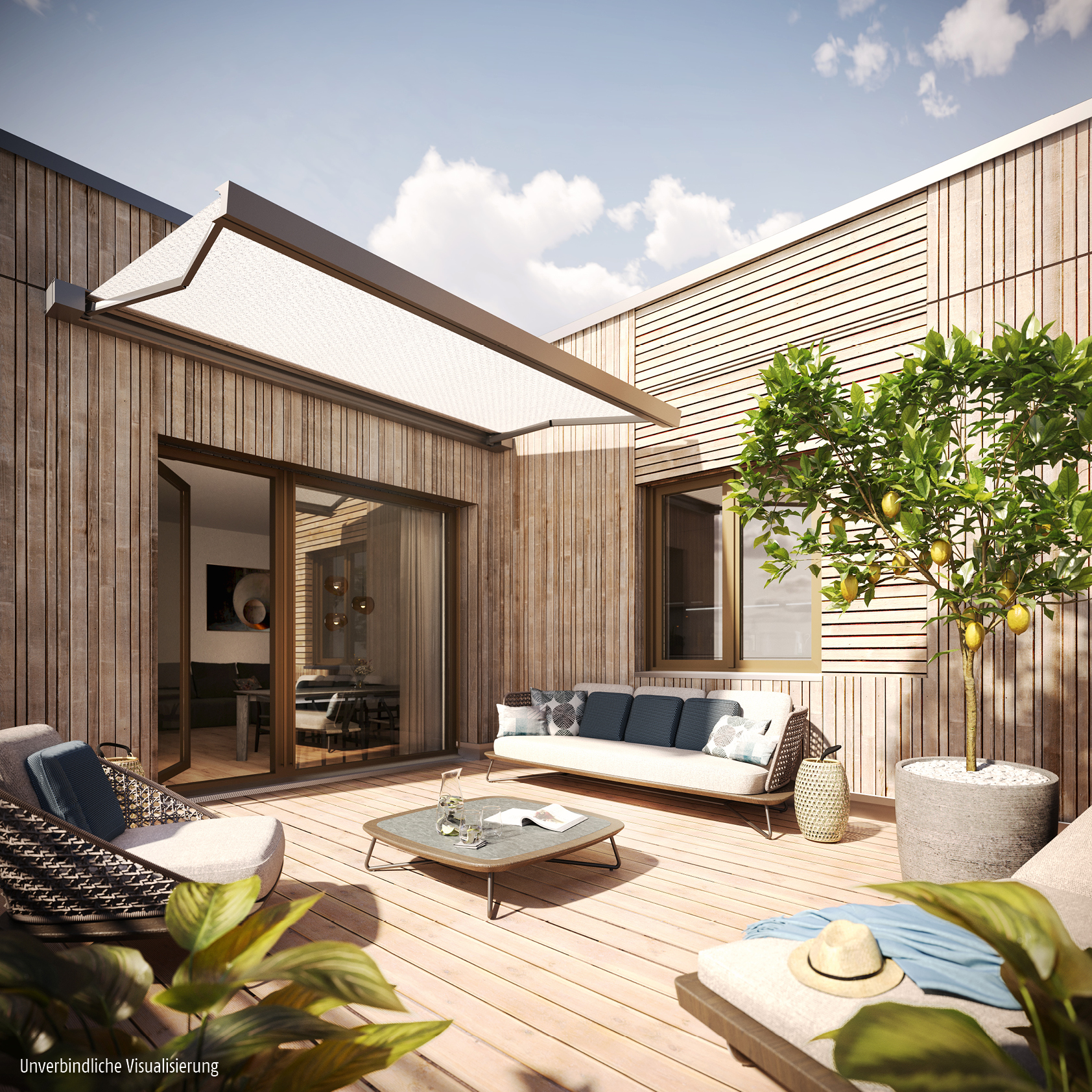 Visualisierung des Neubauprojekts BUWOG DECK3 mit Blick auf eine Terrasse