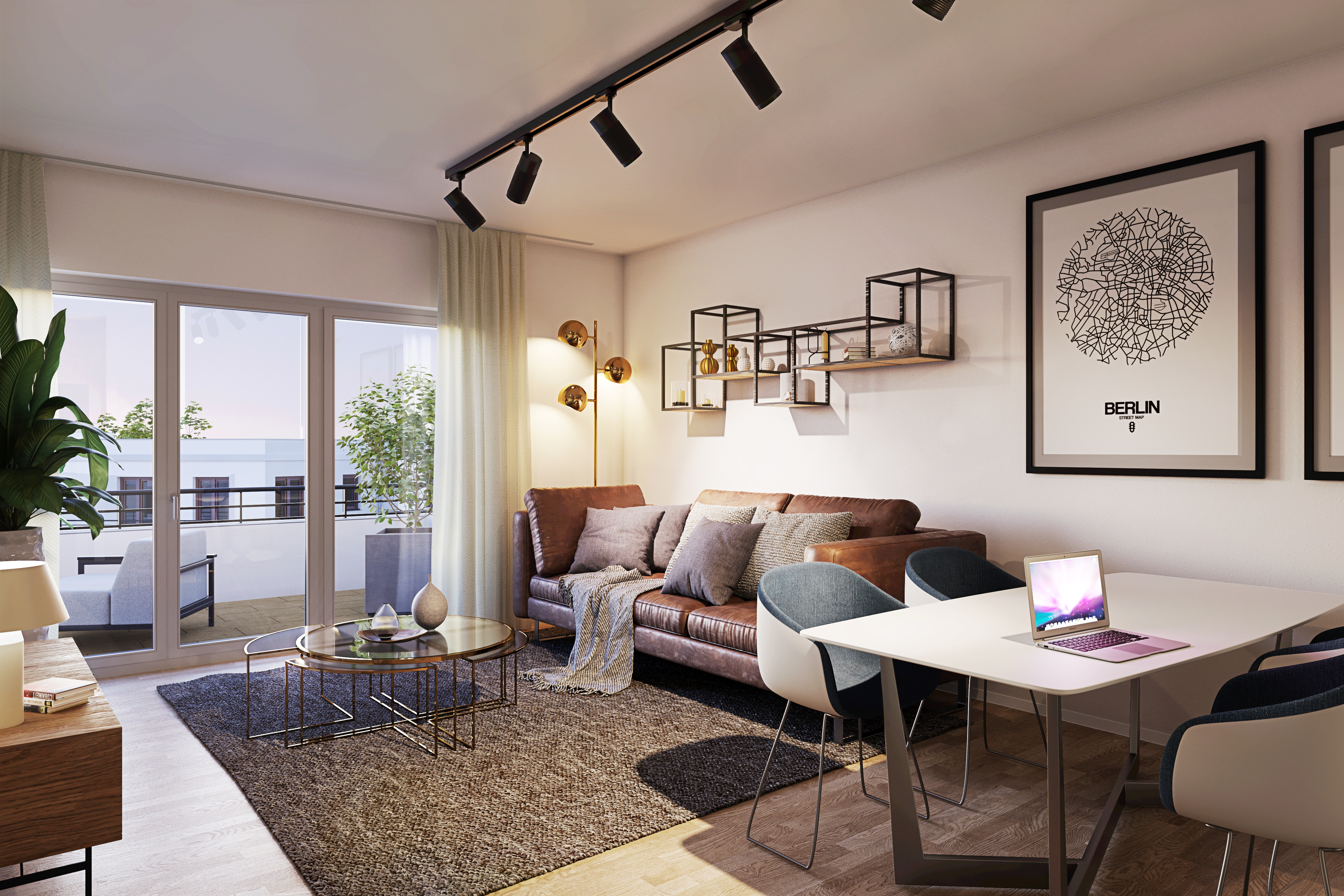 Visualisierung eines Wohnzimmers mit Esstisch und mit Blick zum Balkon