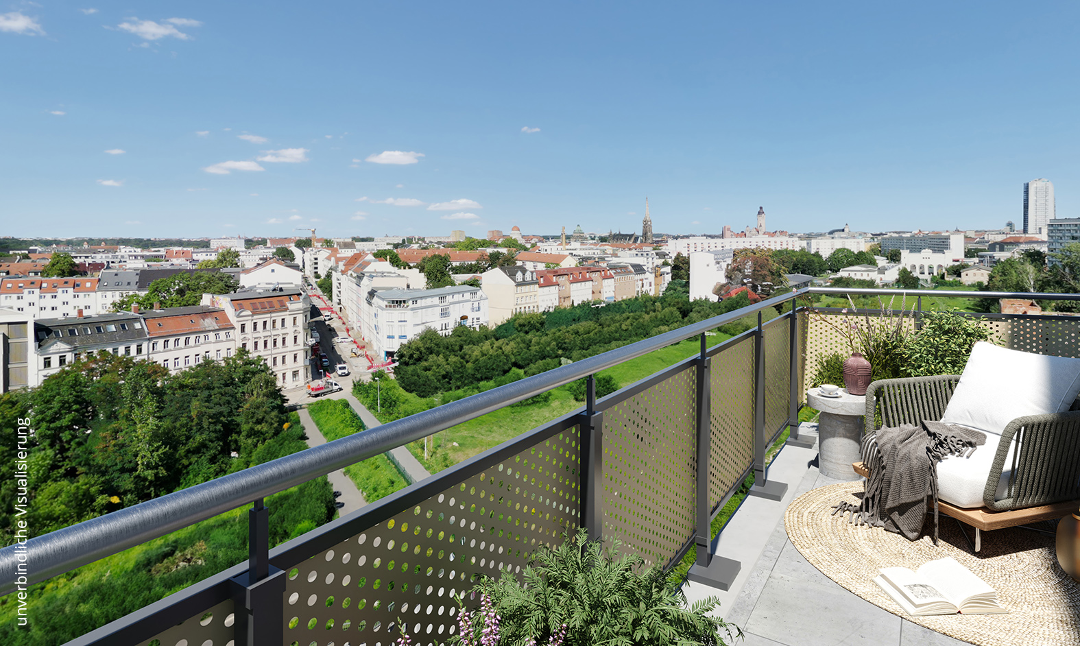 Visualisierung des BUWOG Neubauprojekts Am neuen Park in Leipzig mit Blick von einem Balkon