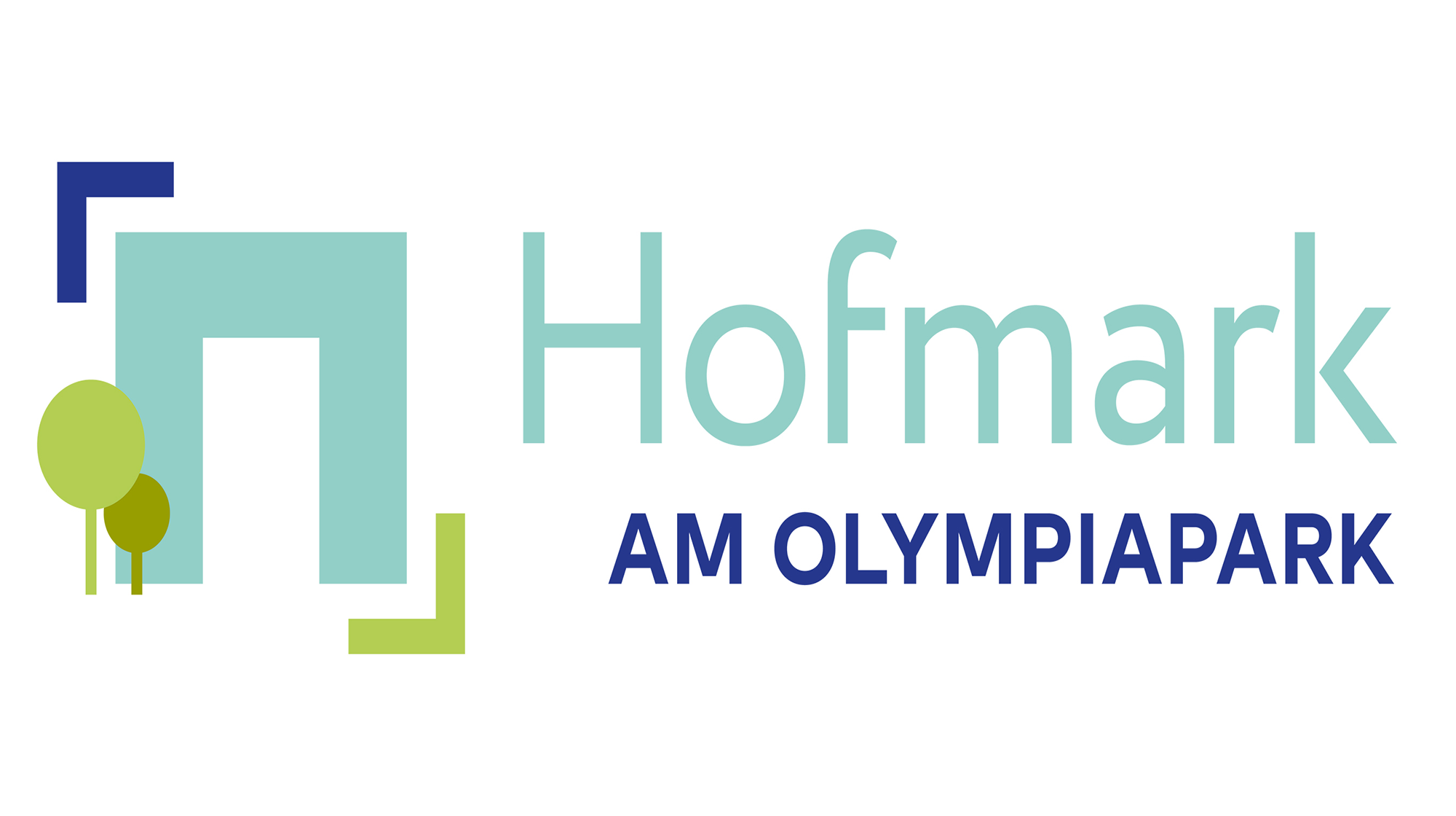 Zu sehen ist das Logo des Quartiers Hofmark am Olympiapark mit 2 Schriftzügen links und rechts einen Bild bestehend aus einem Haus und 2 Bäumen.