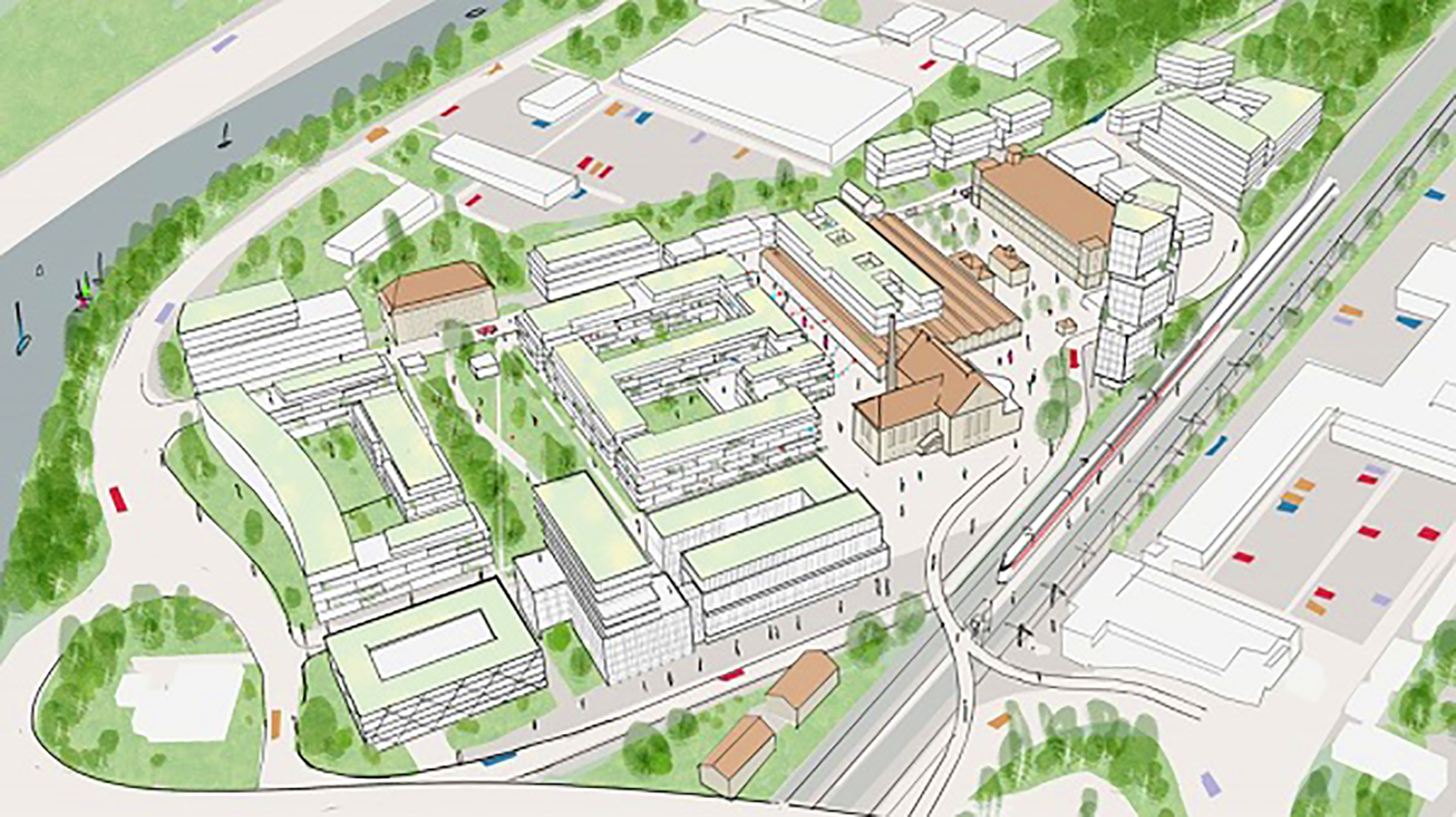 Zu sehen ist das Otto-Quartier, wie es einmal aussehen soll, mit rund 10 Gebäuden, Grünflächen und einem Spielplatz im Innenhof.