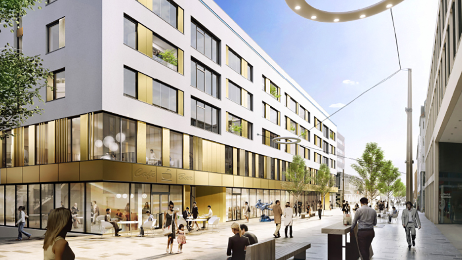 Zu sehen in der Visualisierung ist das Projekt CITY CARRÉ mit Blick von der Straße aus auf das Café im Erdgeschoss mit Personen und Sitzmöglichkeiten auf der Straße und im Café