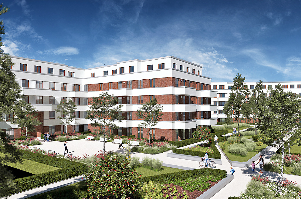 Visualisierung des Neubauprojekts in Falkensee mit Blick in begrünten Innenhof