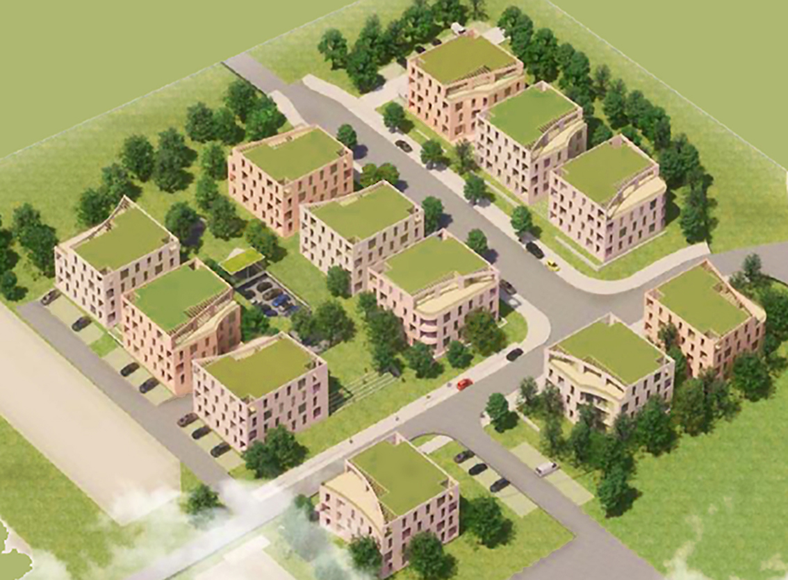 Vorläufige Visualisierung per Vogelperspektive auf das Grundstück inklusive Häuser des Olympischen Dorfs