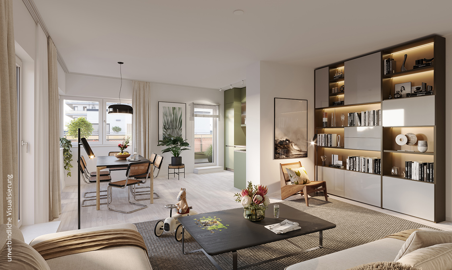 Visualisierung eines offenen Wohn-Essbereichs im Neubauprojekt BUWOG Am neuen Park in Leipzig