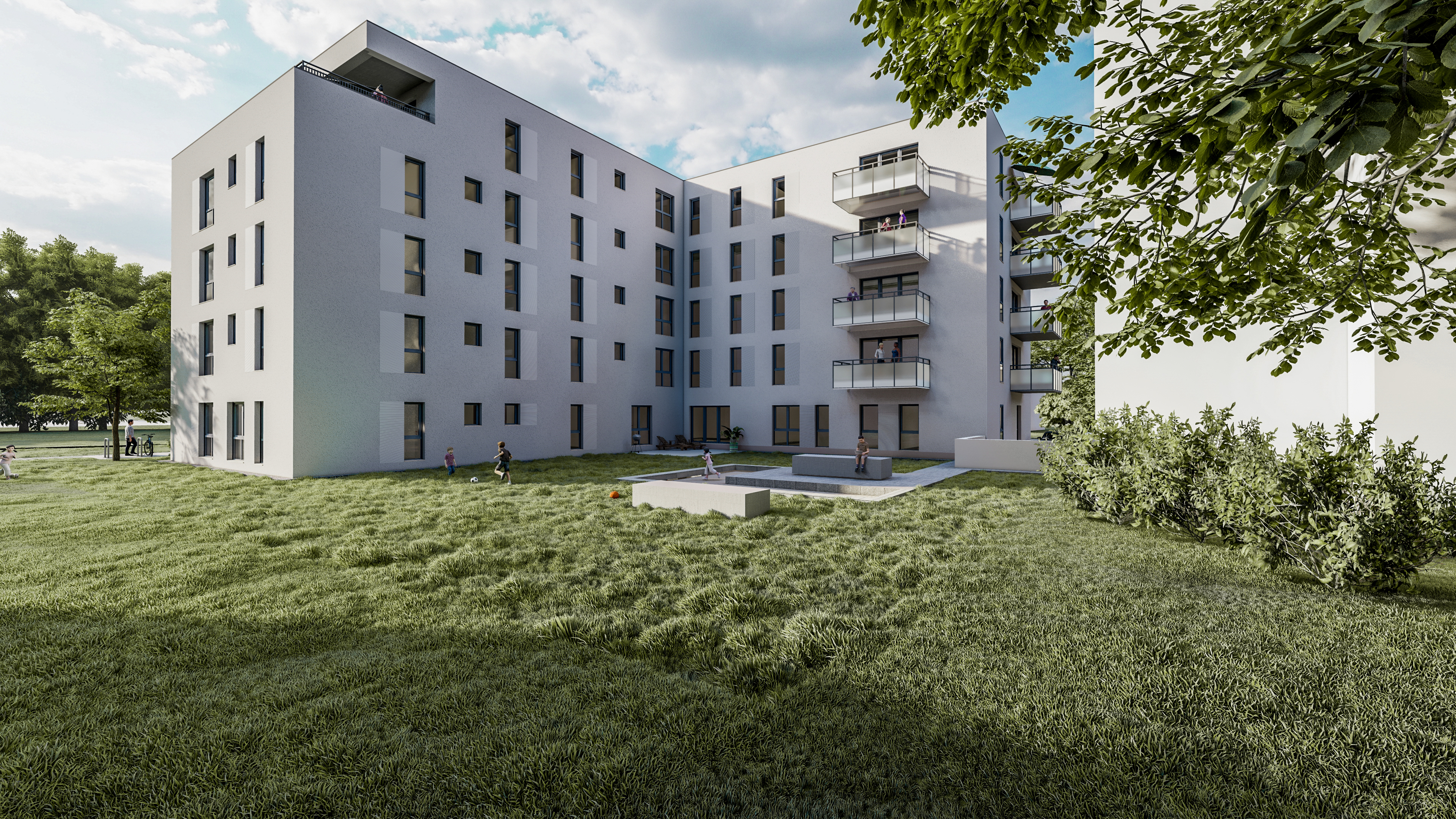 Zu sehen ist eine Visualisierung des Projekts Weitmarer Straße 113c und d in Bochum mit Ansicht auf den Hof und Balkone des Hauses.