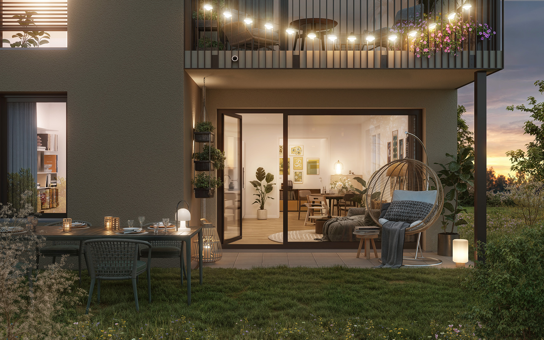 Visualisierung des Neubauprojekts BUWOG Floragärten mit Blick auf eine private Terrasse in der Abenddämmerung
