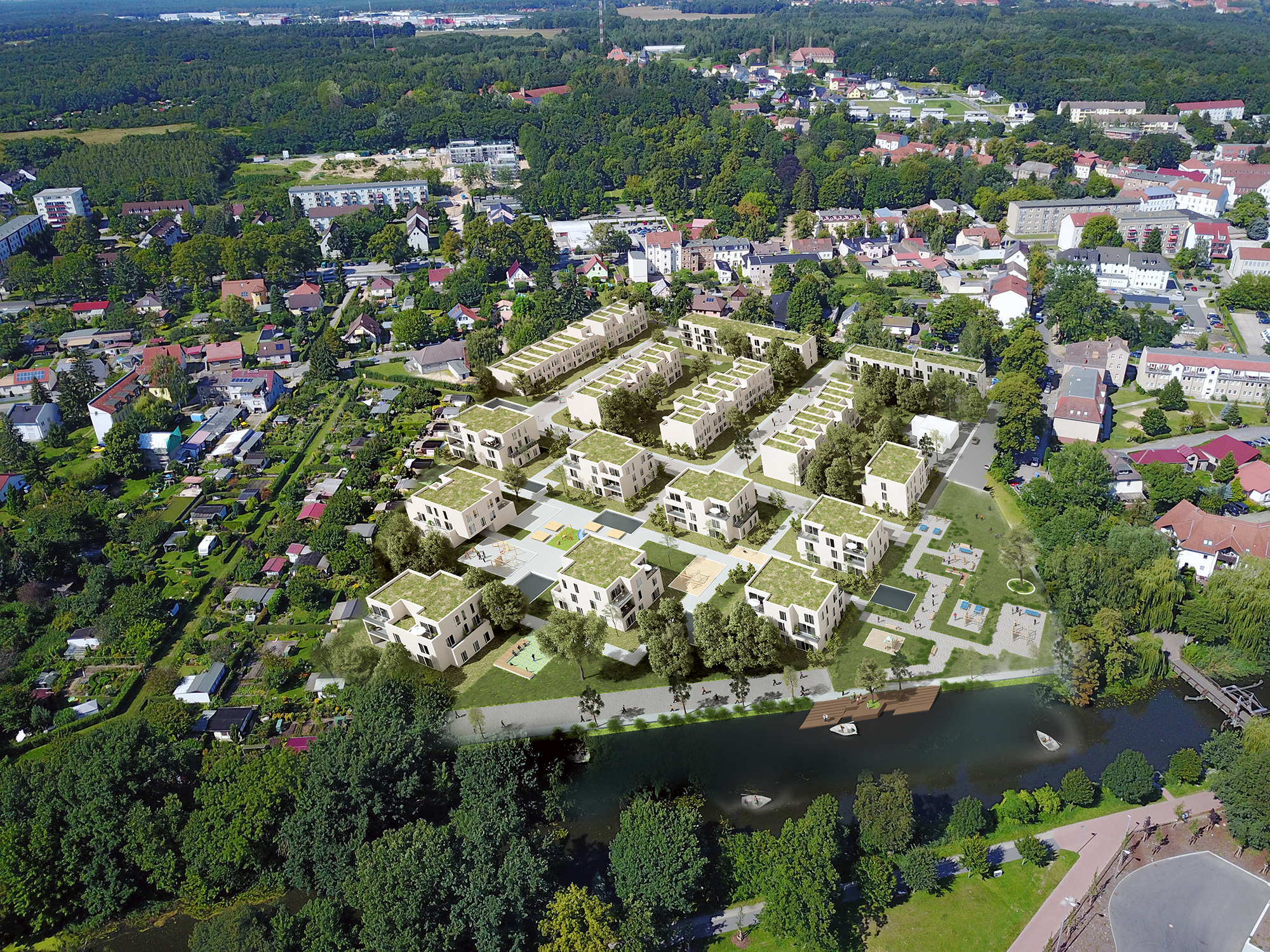 Visualisierung vom Ufer Quartier am Nottekanal aus der Vogelperspektive
